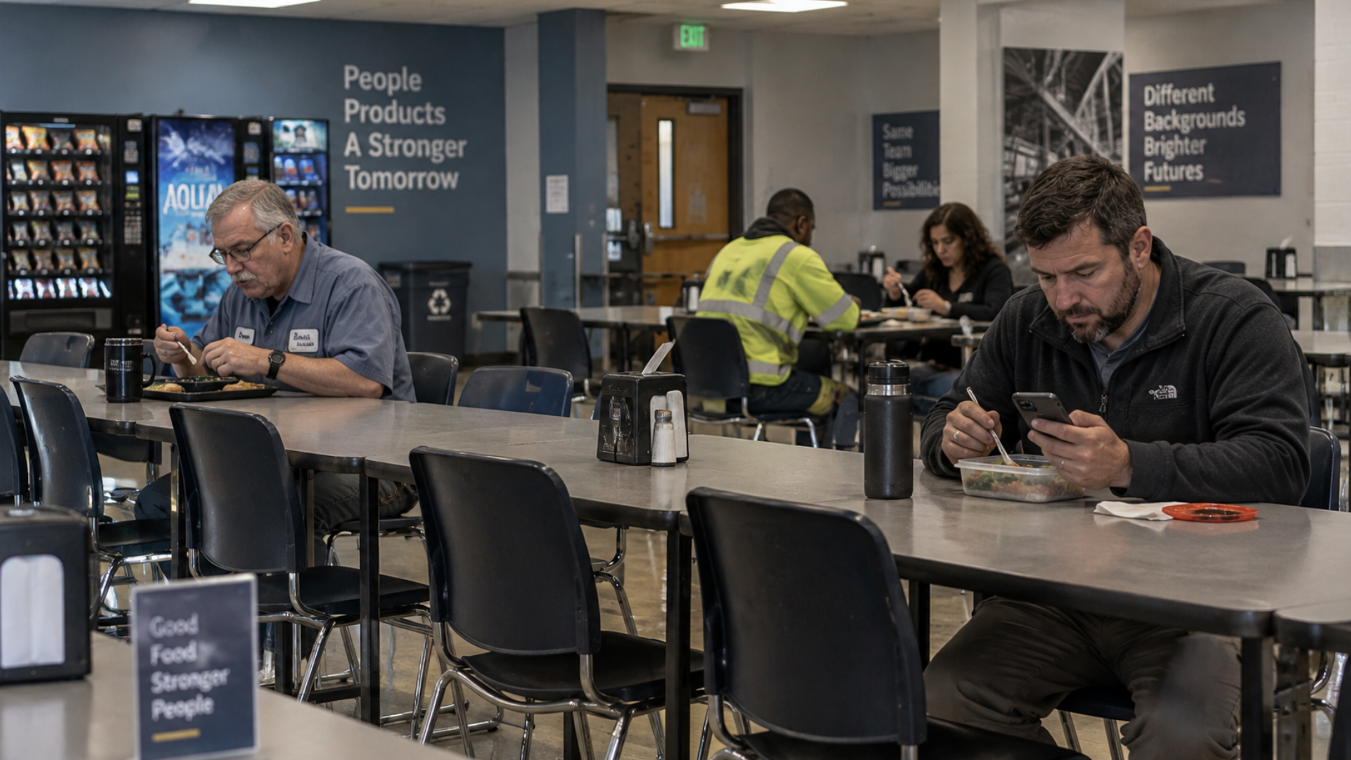 Employees eating lunch and looking at smartphones at tables in a company breakroom.
