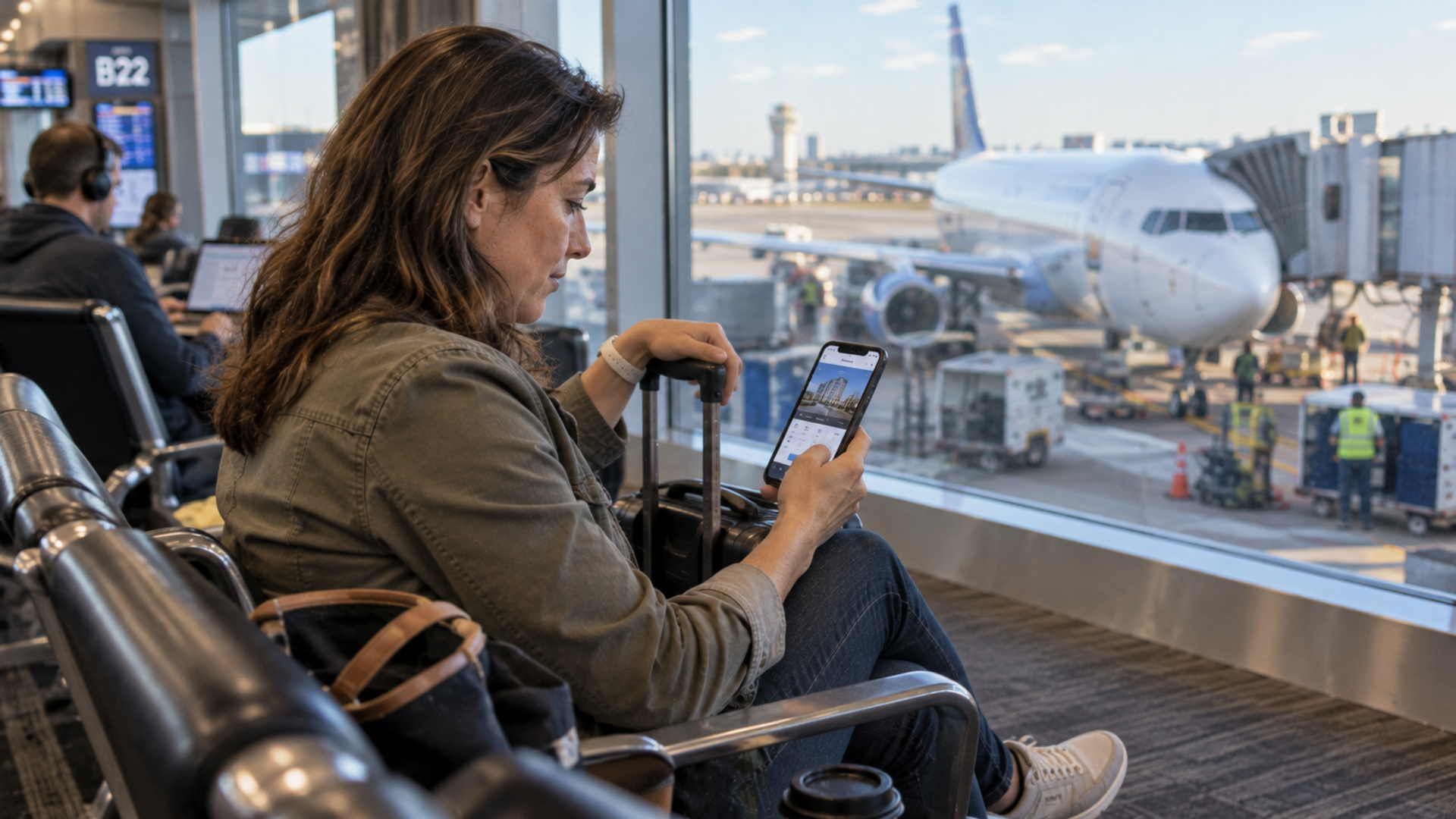 A traveler looking at a hotel reservation on her smartphone in an airport terminal near a window.