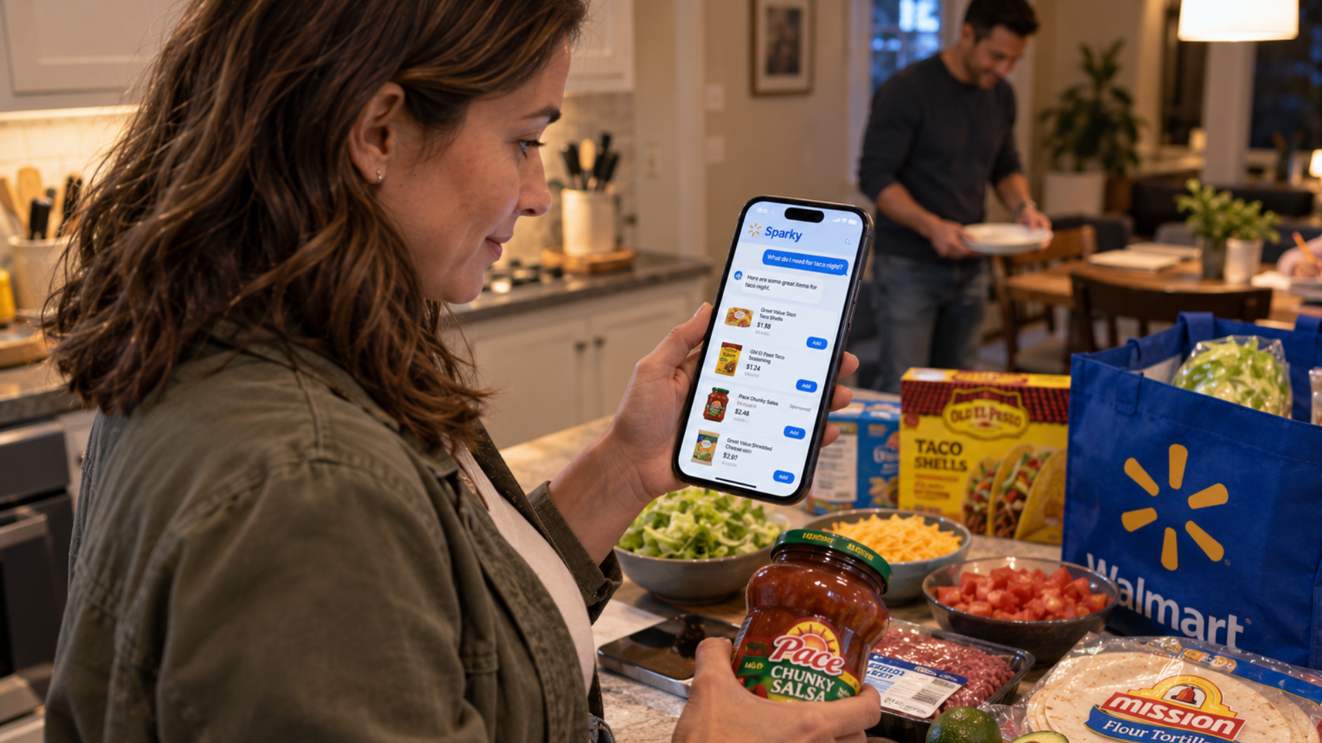 A woman holds a smartphone displaying a shopping app in a kitchen surrounded by taco ingredients, with a man standing in the background.