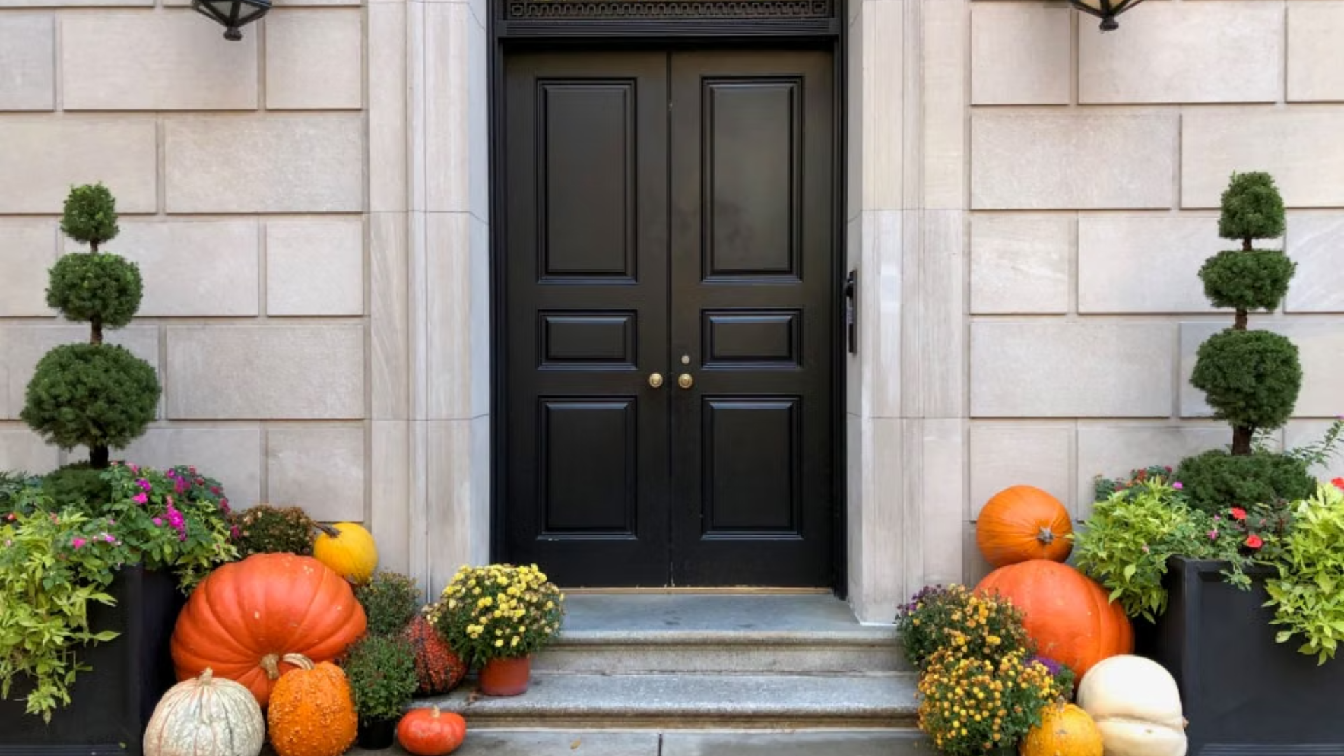 Black front doors decorated with pumpkins, potted mums, and topiaries.