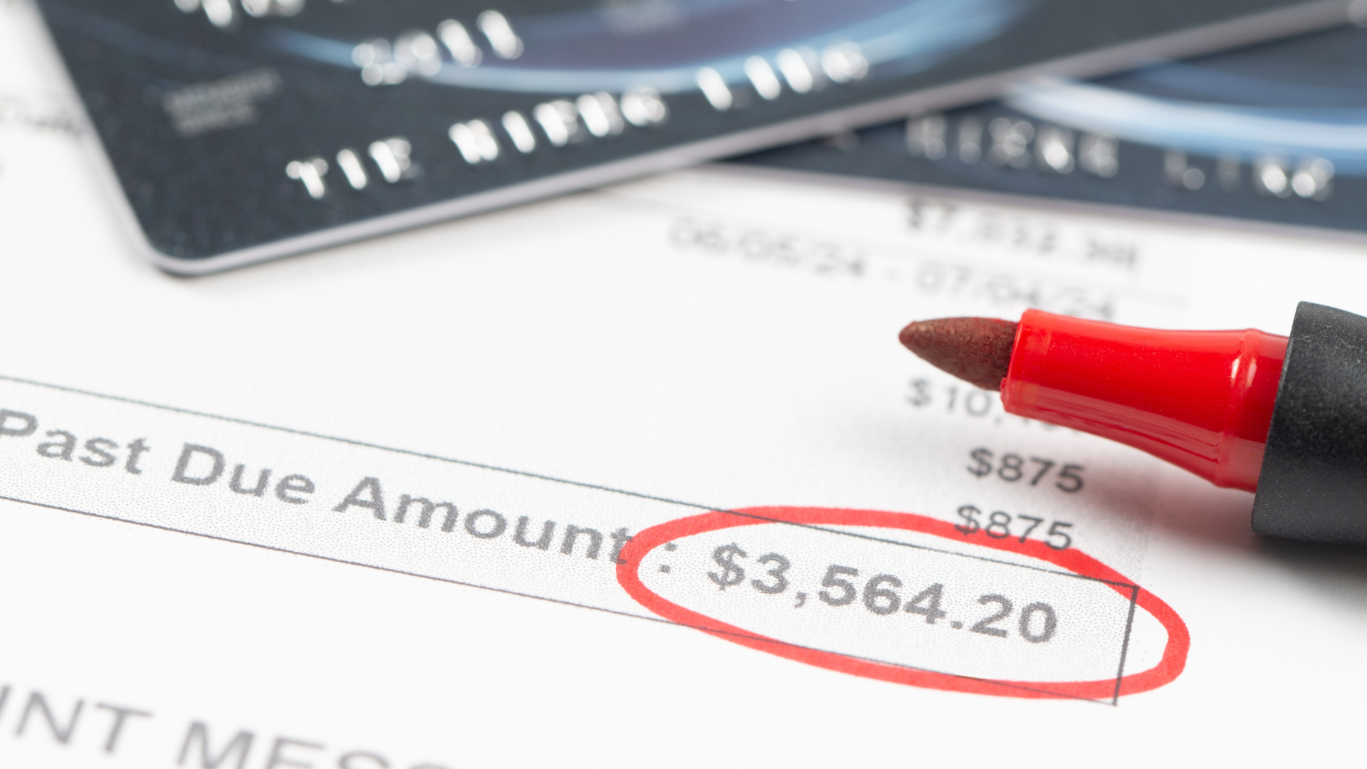 Close-up of a statement showing a past due amount of $3,564.20 circled in red marker.
