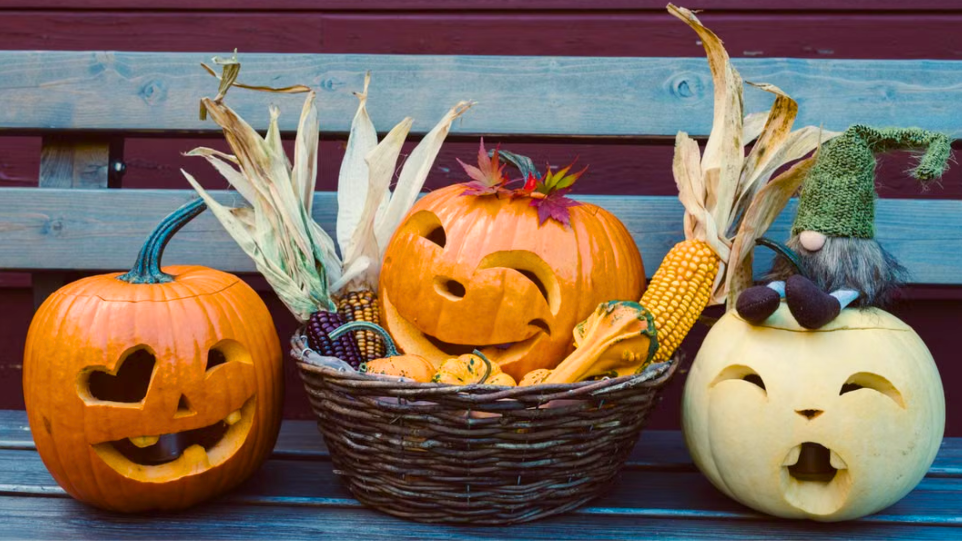 Three carved jack-o'-lanterns and a basket of harvest items on a bench.