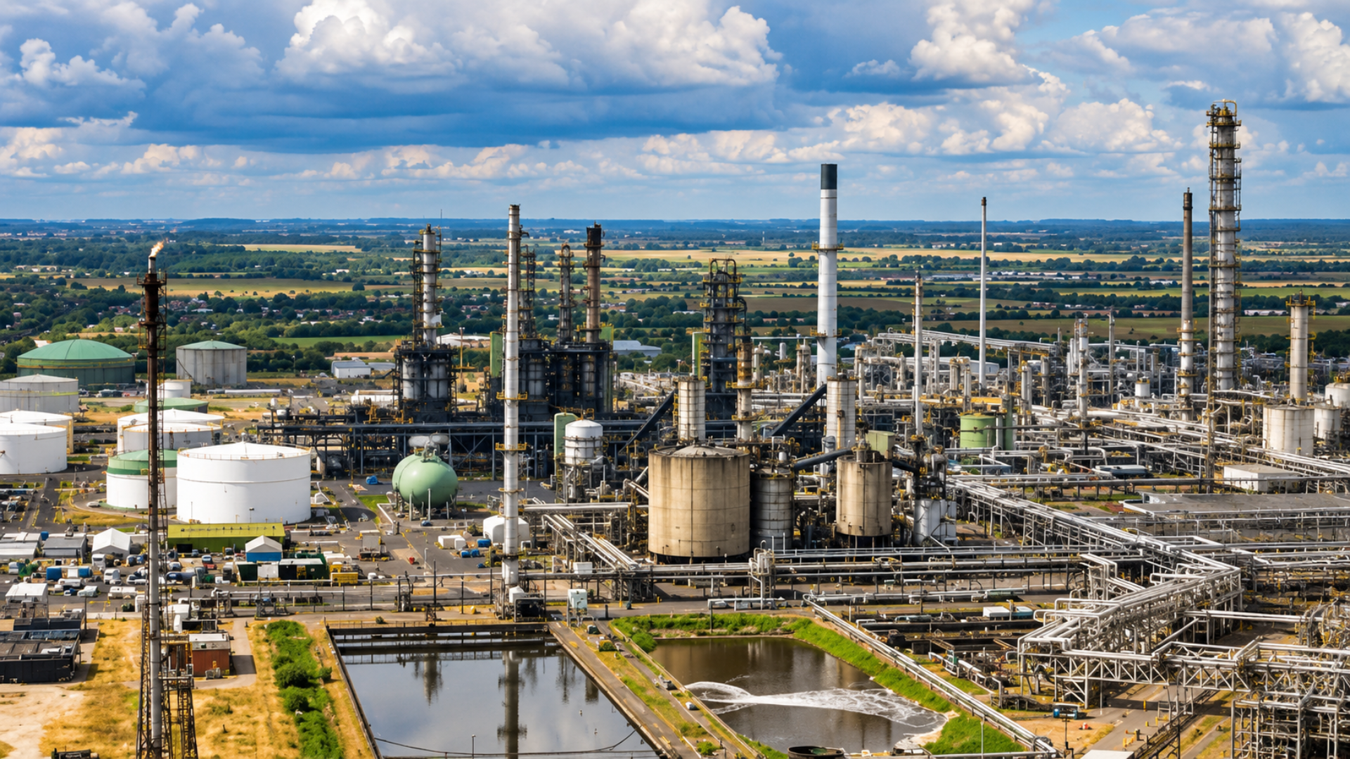 Aerial view of an expansive oil refinery and industrial plant complex.