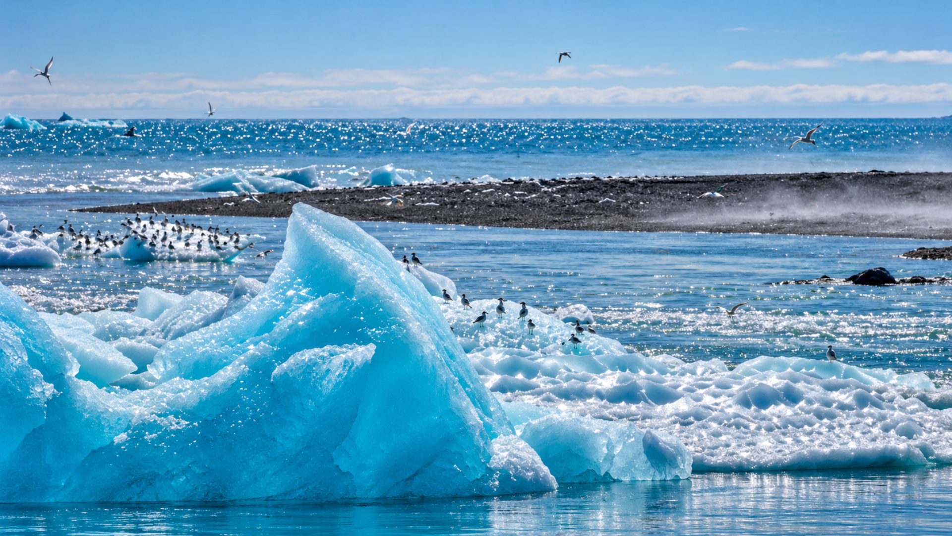 Blue icebergs floating in a glacial lagoon with birds resting on them.