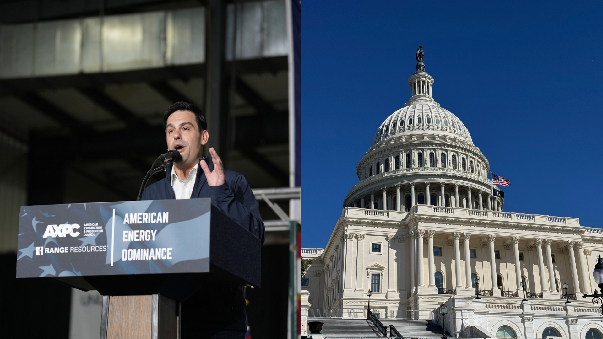 Toby Rice speaking at a podium during an energy industry event, with the U.S. Capitol dome shown in a separate image.