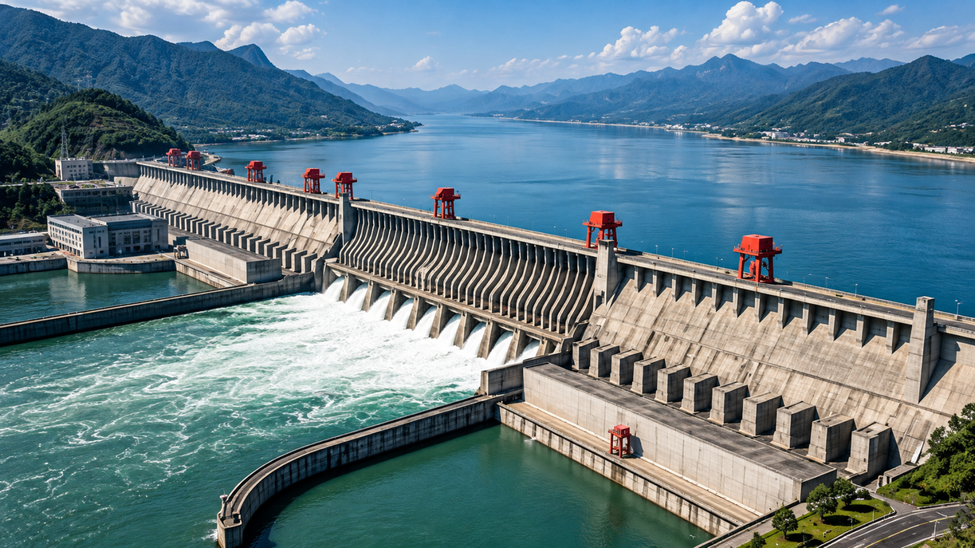 High-angle shot of a large concrete hydroelectric dam releasing water into a reservoir.
