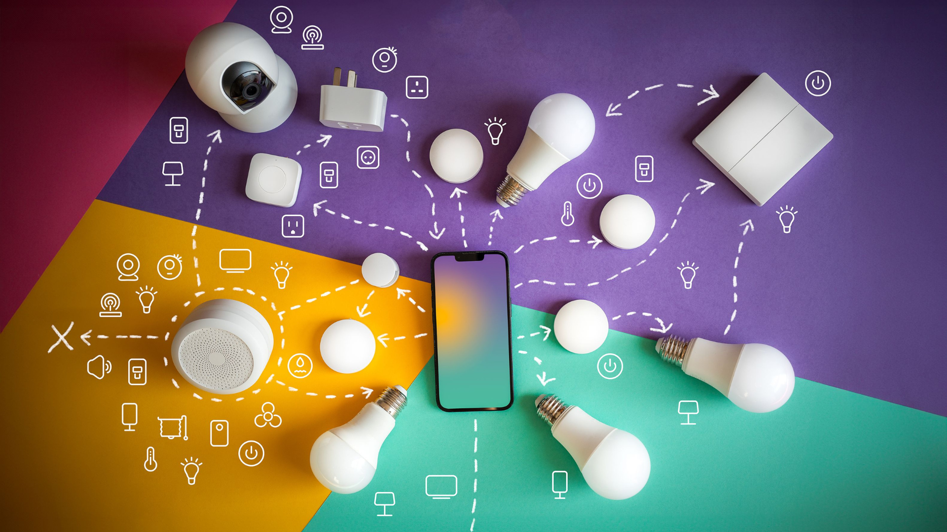 A smartphone sits at the center of a colorful background, surrounded by various smart home devices like lightbulbs, a camera, and a speaker, connected by illustrated dotted lines and icons.