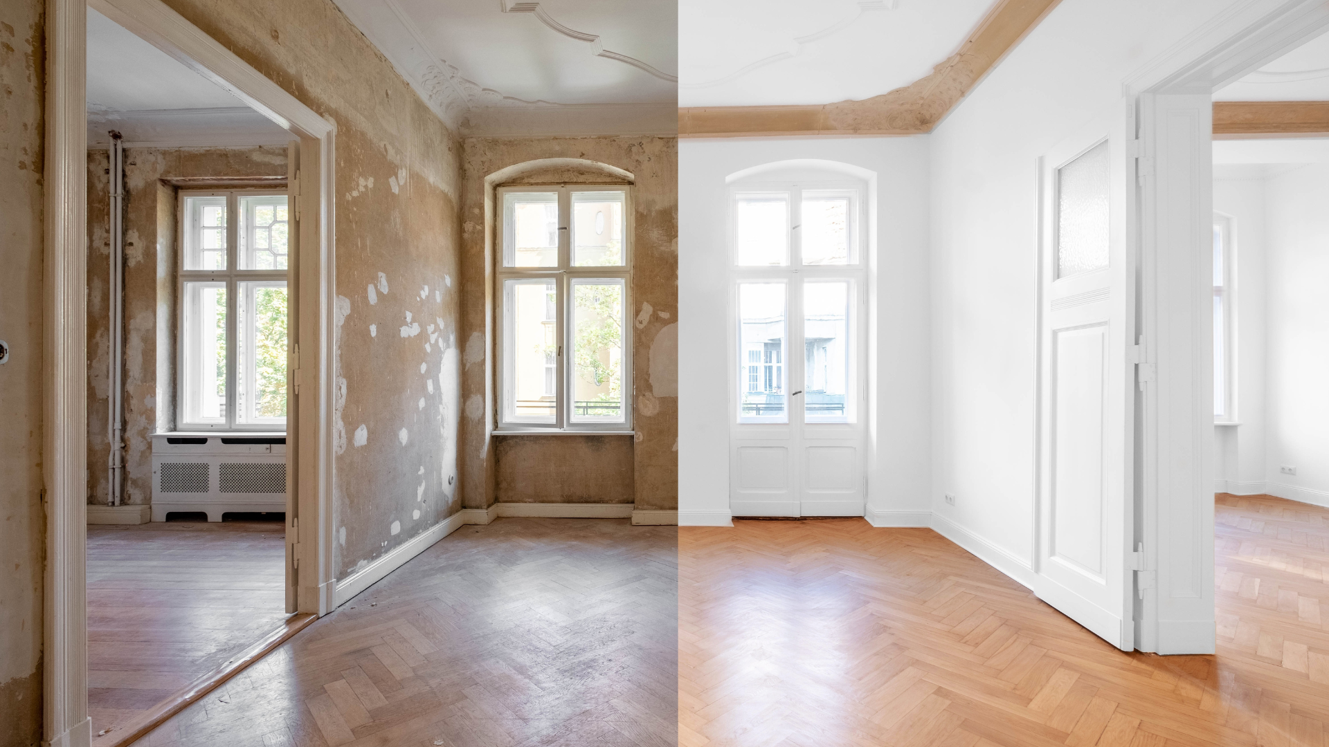 A split image illustrates an empty room before and after renovation, transitioning from worn walls to fresh white paint and refinished herringbone floors.