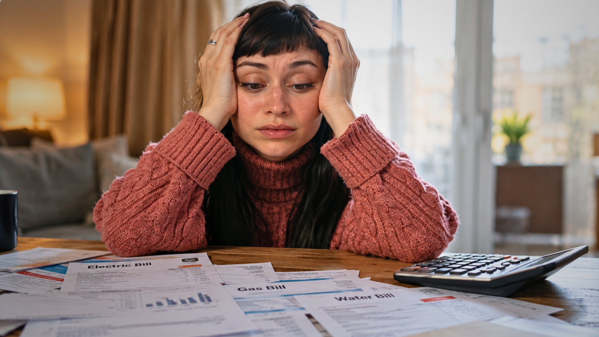 A stressed woman holding her head with both hands while looking down at electricity, gas, and water bills on a table next to a calculator.