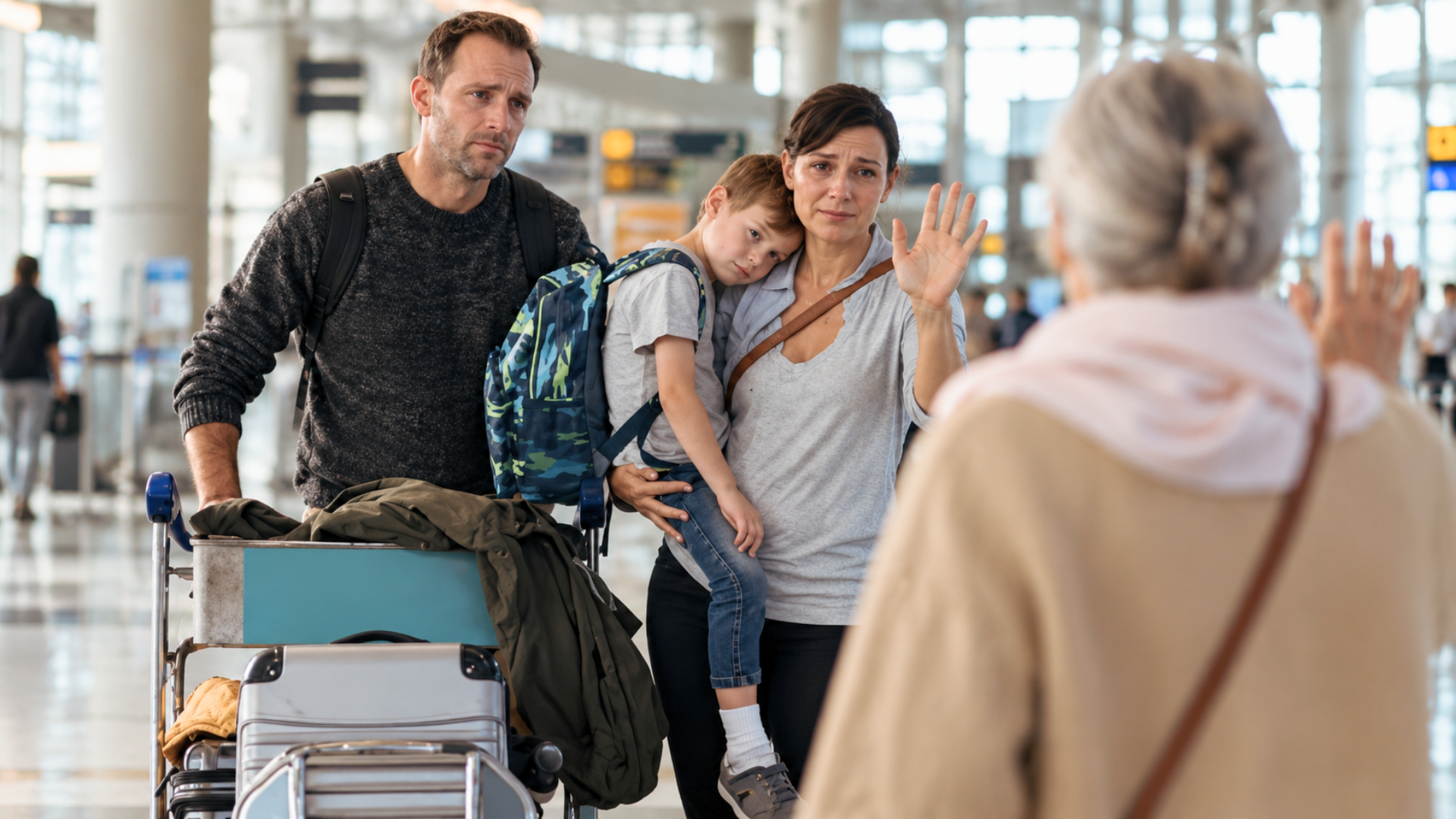 A family with a young child and luggage waving emotional goodbyes in an airport terminal.