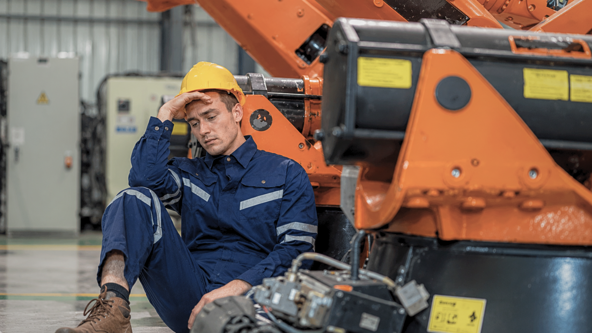 A factory worker wearing a yellow hardhat and blue jumpsuit sitting on the floor leaning against machinery, looking exhausted