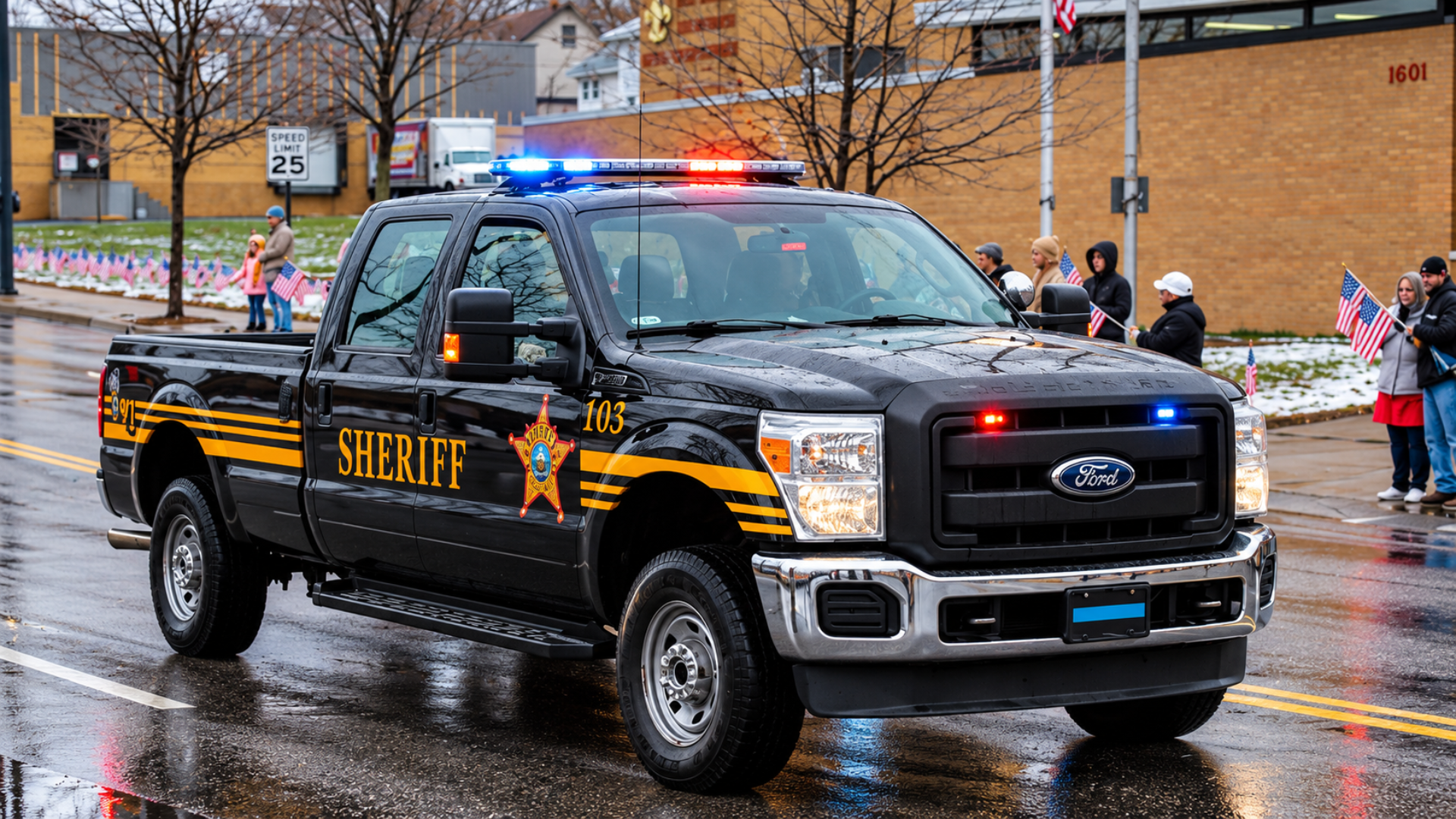Black sheriff's department pickup truck driving down a street with flashing emergency lights