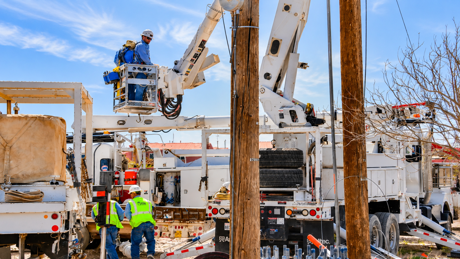 Utility workers operating cherry picker bucket trucks near wooden power lines