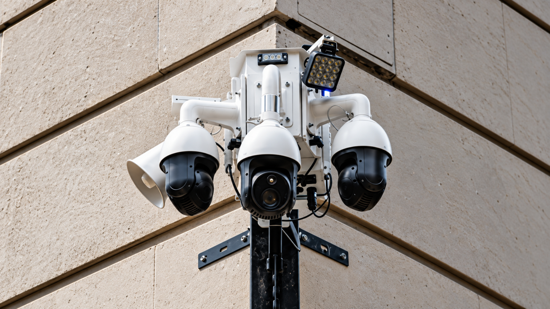 Multi-camera security and surveillance system mounted on the corner of a building.