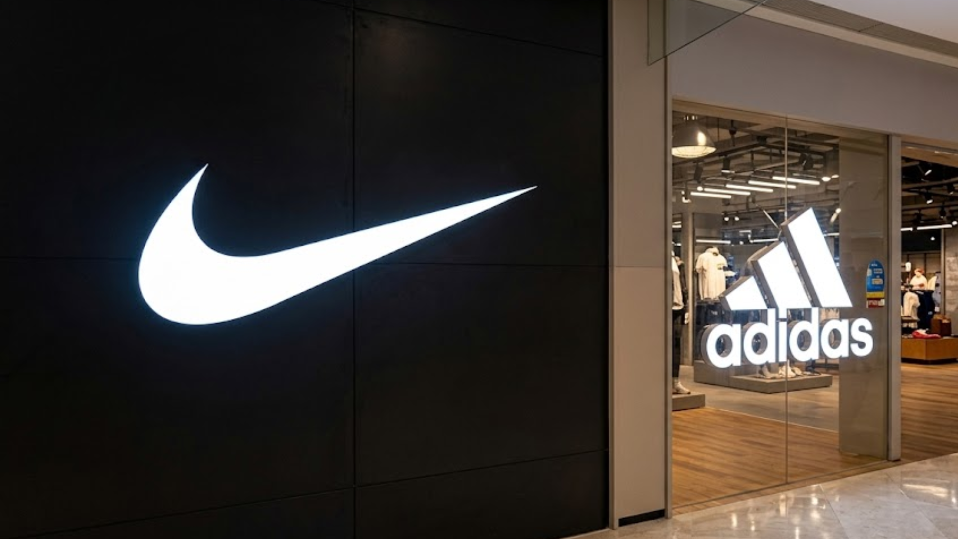 Nike and Adidas logos are seen at the front of the two neighboring sportswear stores in a shopping mall.