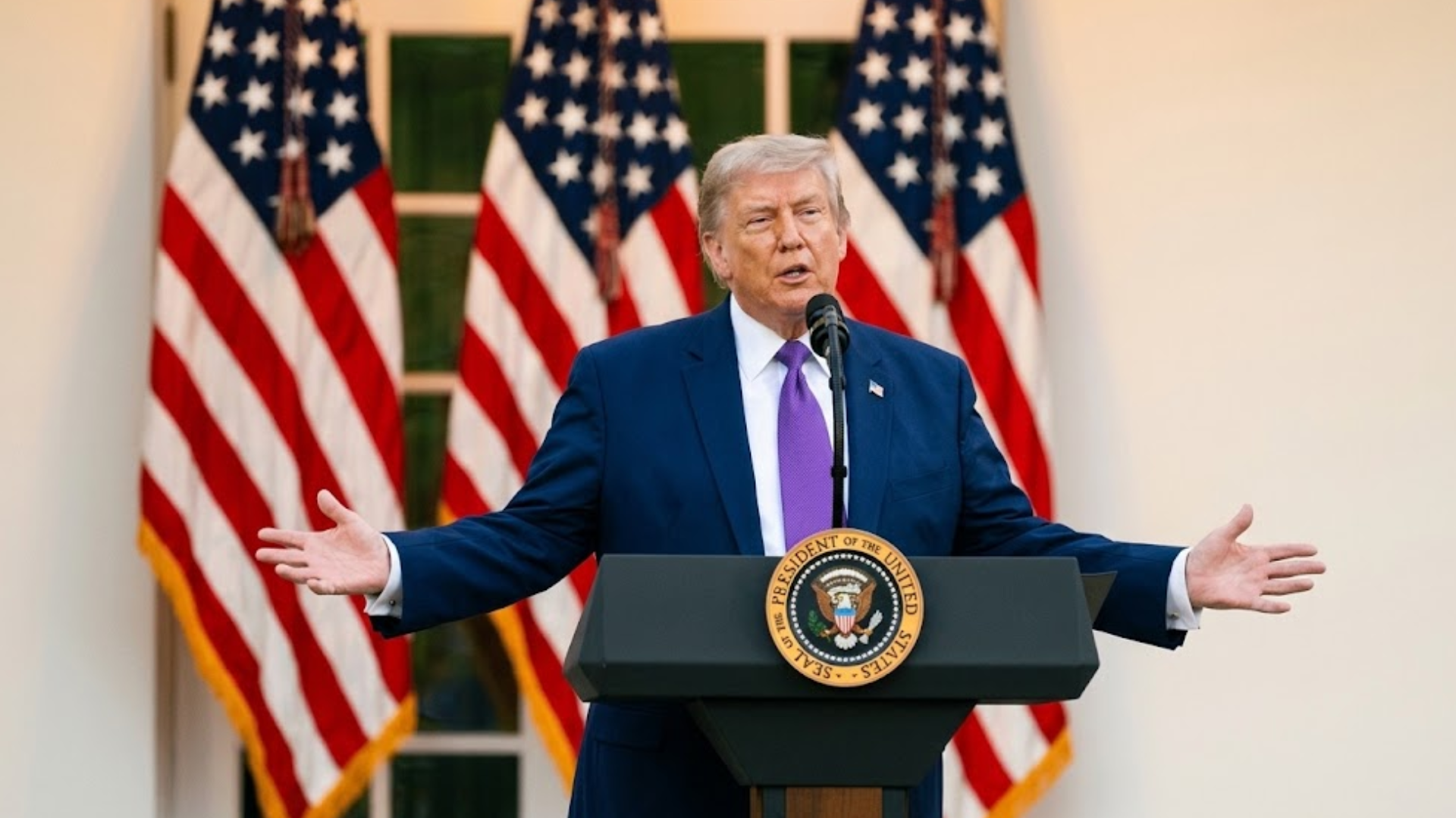 A picture of President Donald J. Trump speaking at the podium in the White House Rose Garden