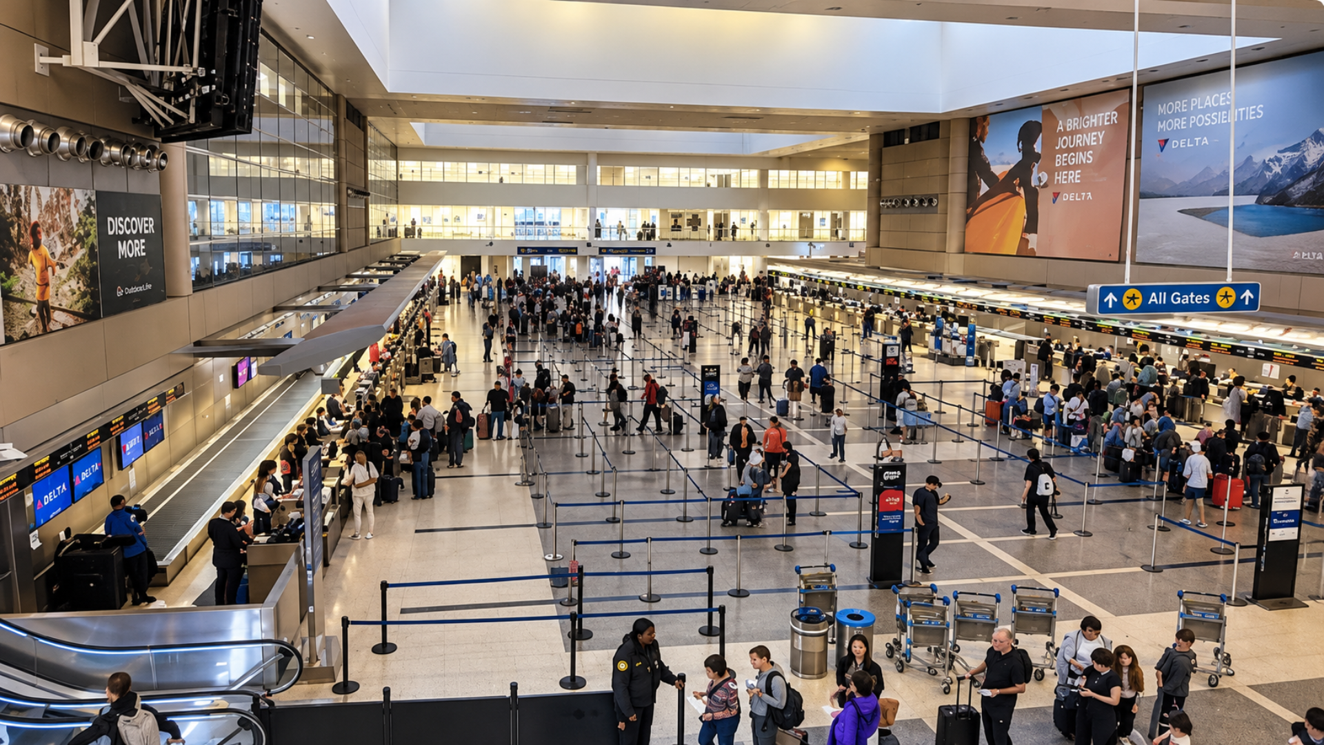An elevated wide view of a busy airport terminal filled with check-in counters and passengers in queue lines.