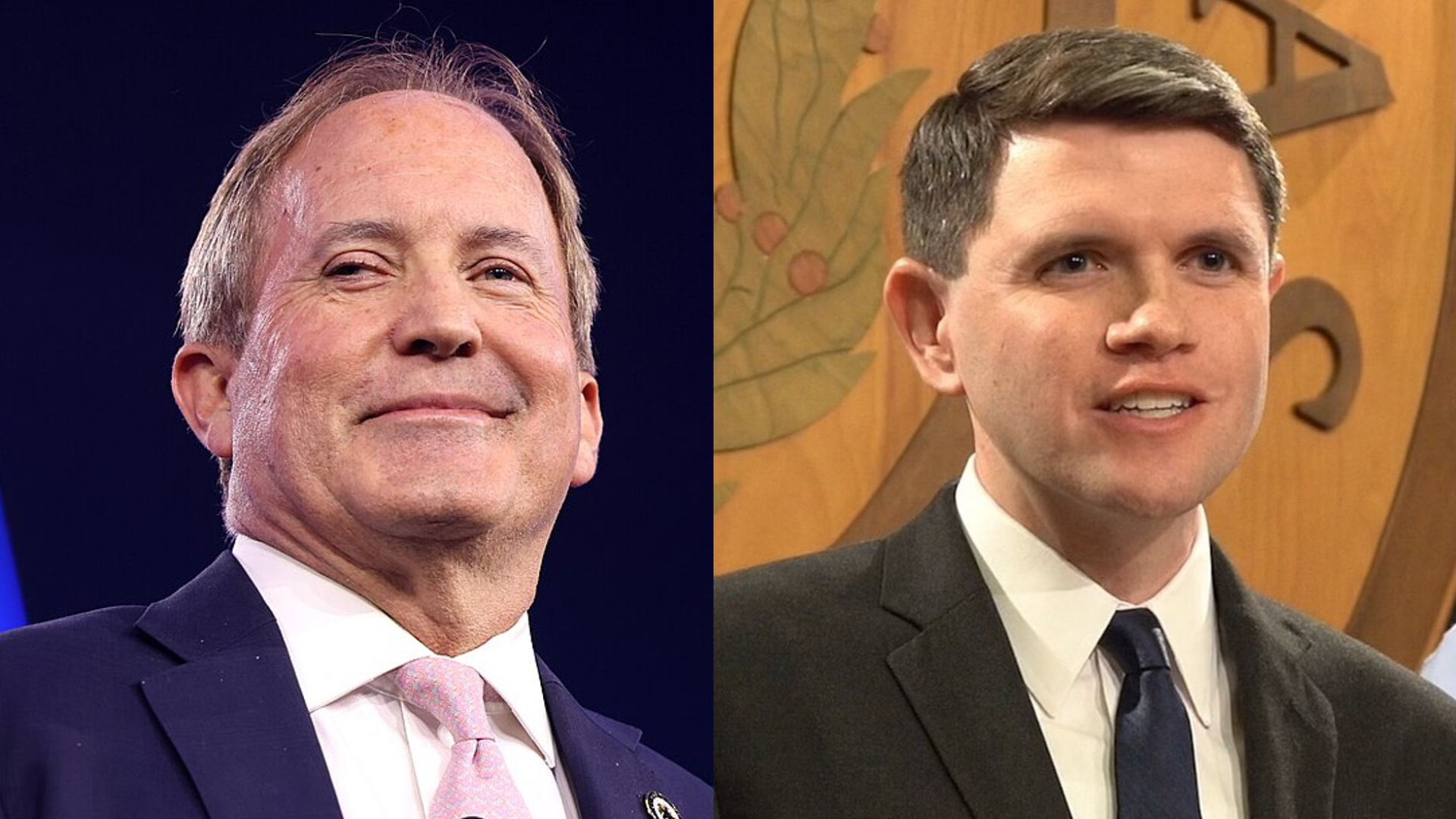 A split image of Texas Attorney General Ken Paxton and Democrat James Talarico