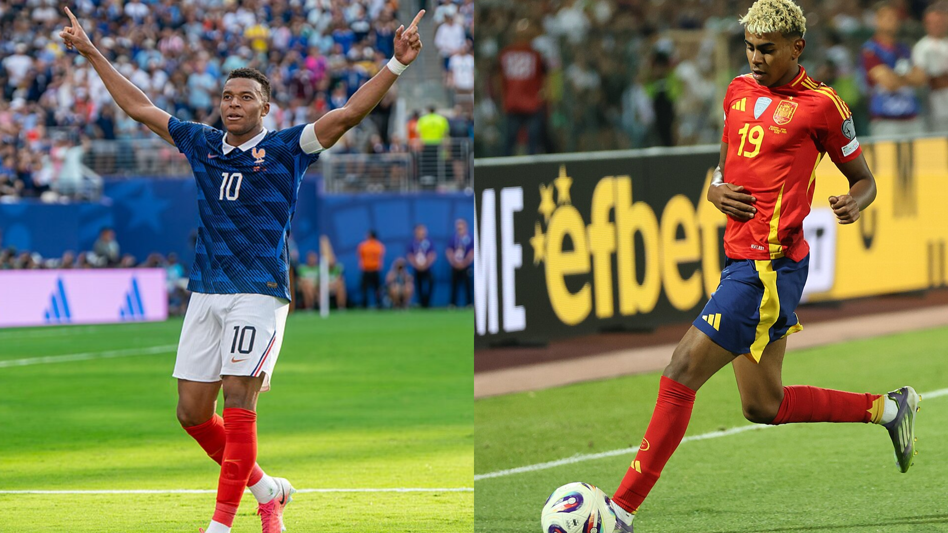 A split image of Kylian Mbappe at the 2026 FIFA World Cup and Lamine Yamal who plays as a winger for La Liga club Barcelona.
