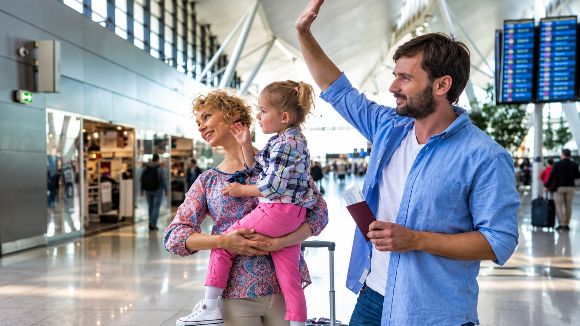 A smiling family with a young child waving goodbye while standing inside a modern airport terminal.