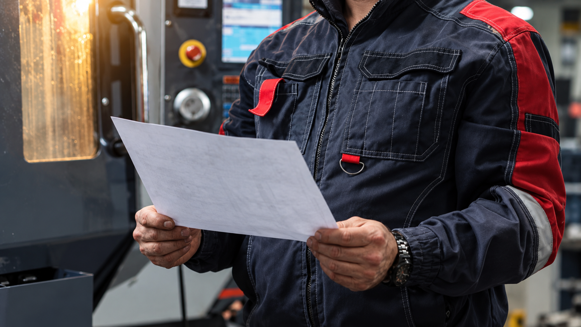 A worker in a blue and red jacket holding and reading a sheet of paper in an industrial setting.