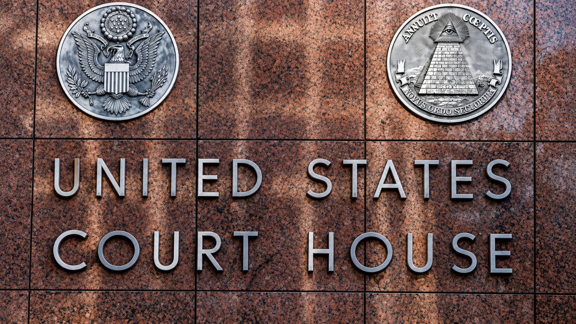 Granite exterior wall of a United States Court House featuring official seals.