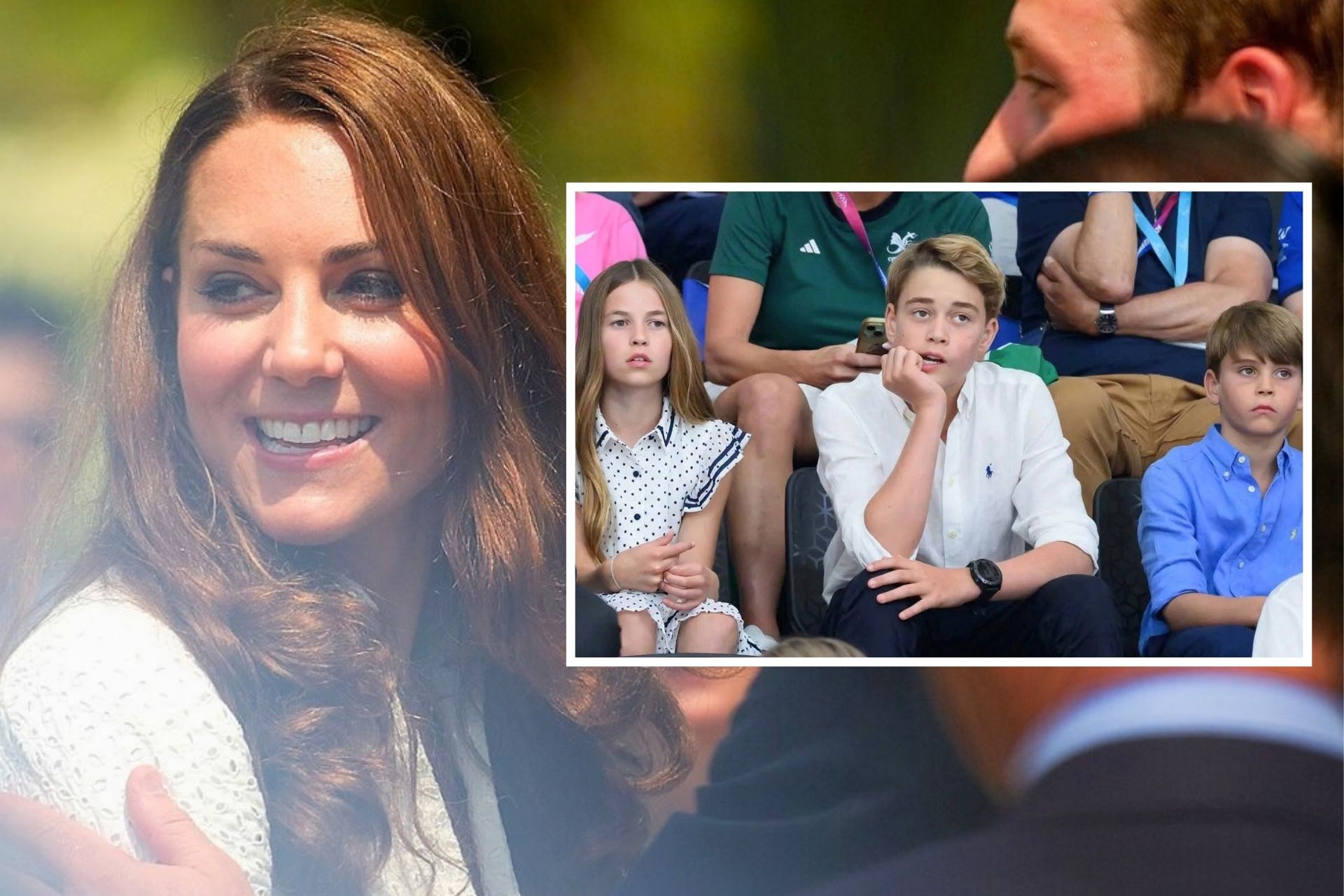 Kate Middleton smiling at a public event with an inset image of Prince George, Princess Charlotte and Prince Louis seated together.