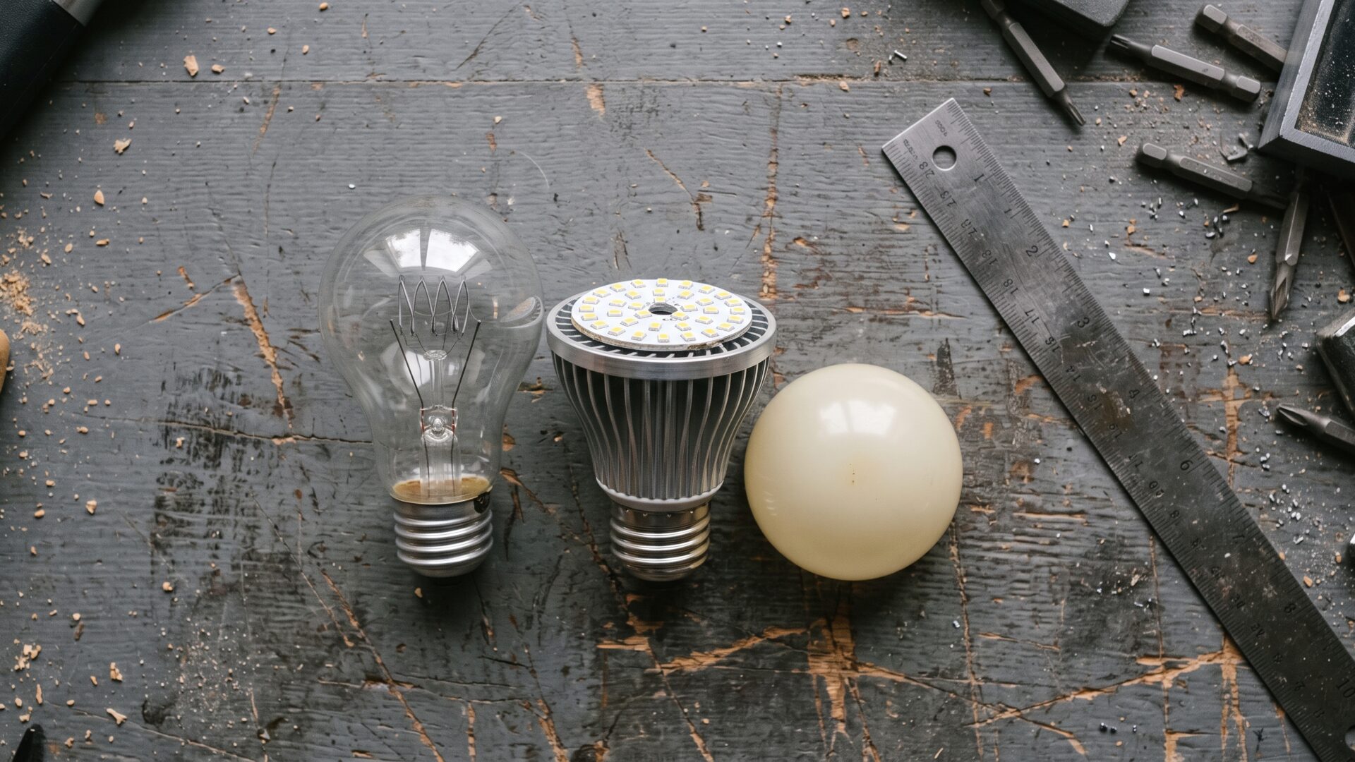 A cutaway-style arrangement of an LED bulb beside an old incandescent bulb, showing the structural difference slide 2 explains.