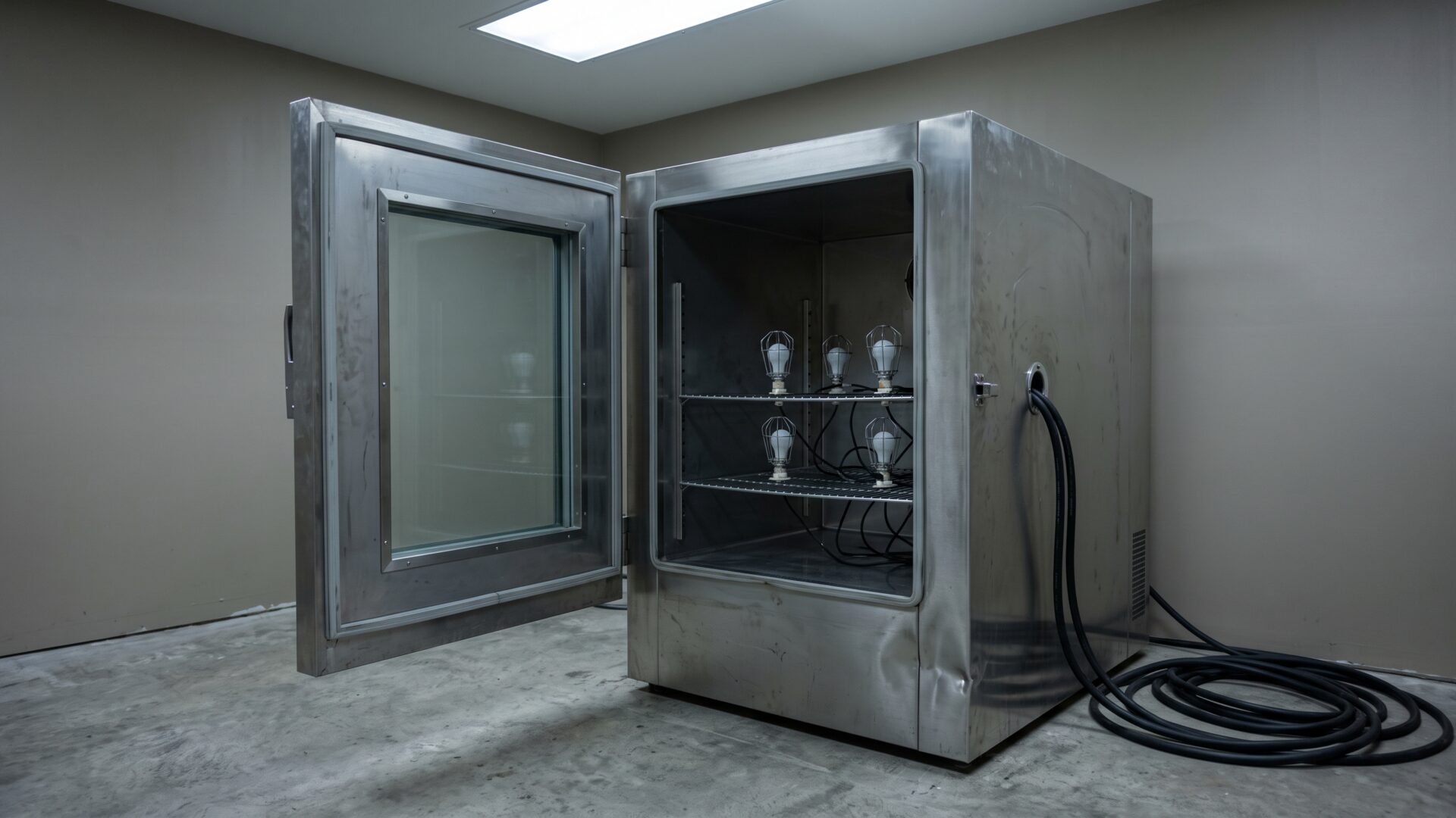 A laboratory test chamber holding bulbs under controlled conditions, the lab-versus-room gap slide 4 draws.
