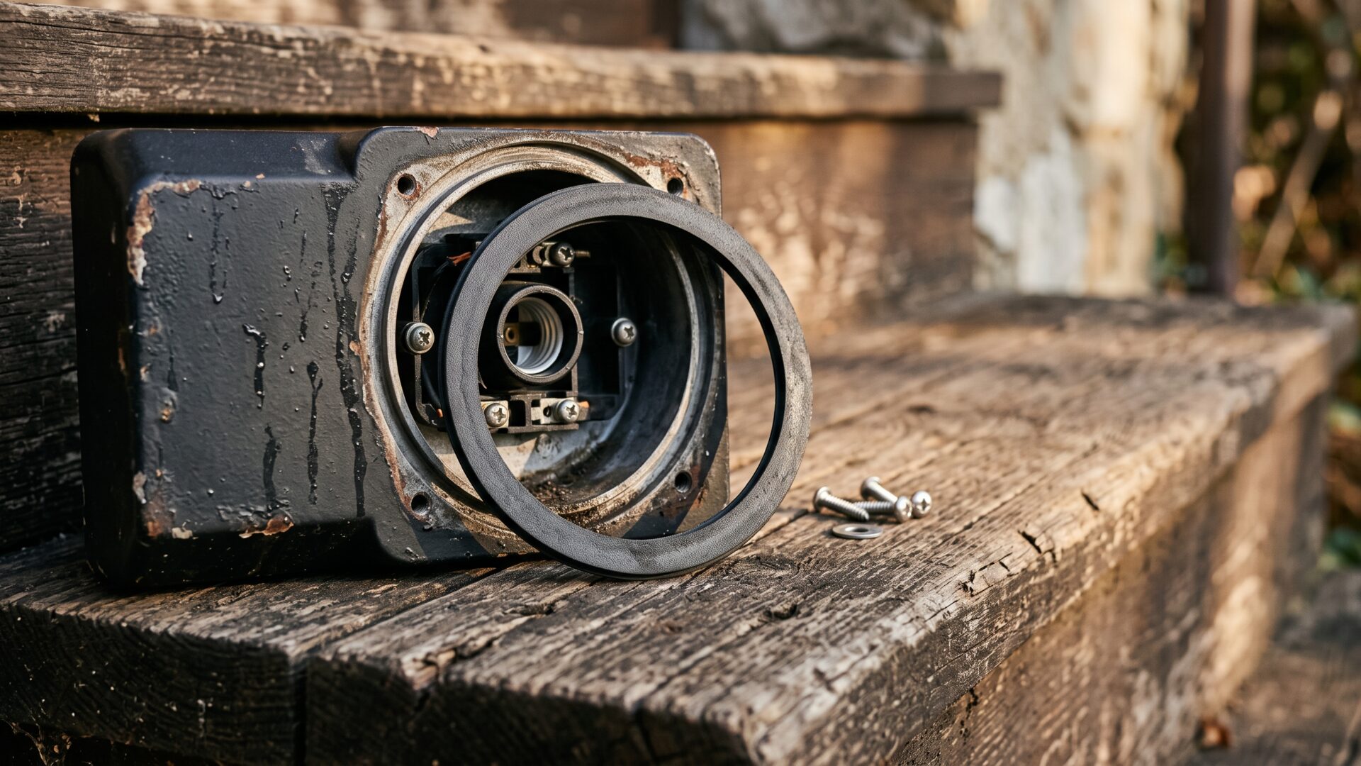 Close-up on a sealed outdoor fixture with its gasket visible, the physical form of the IP protection slide 5 explains.
