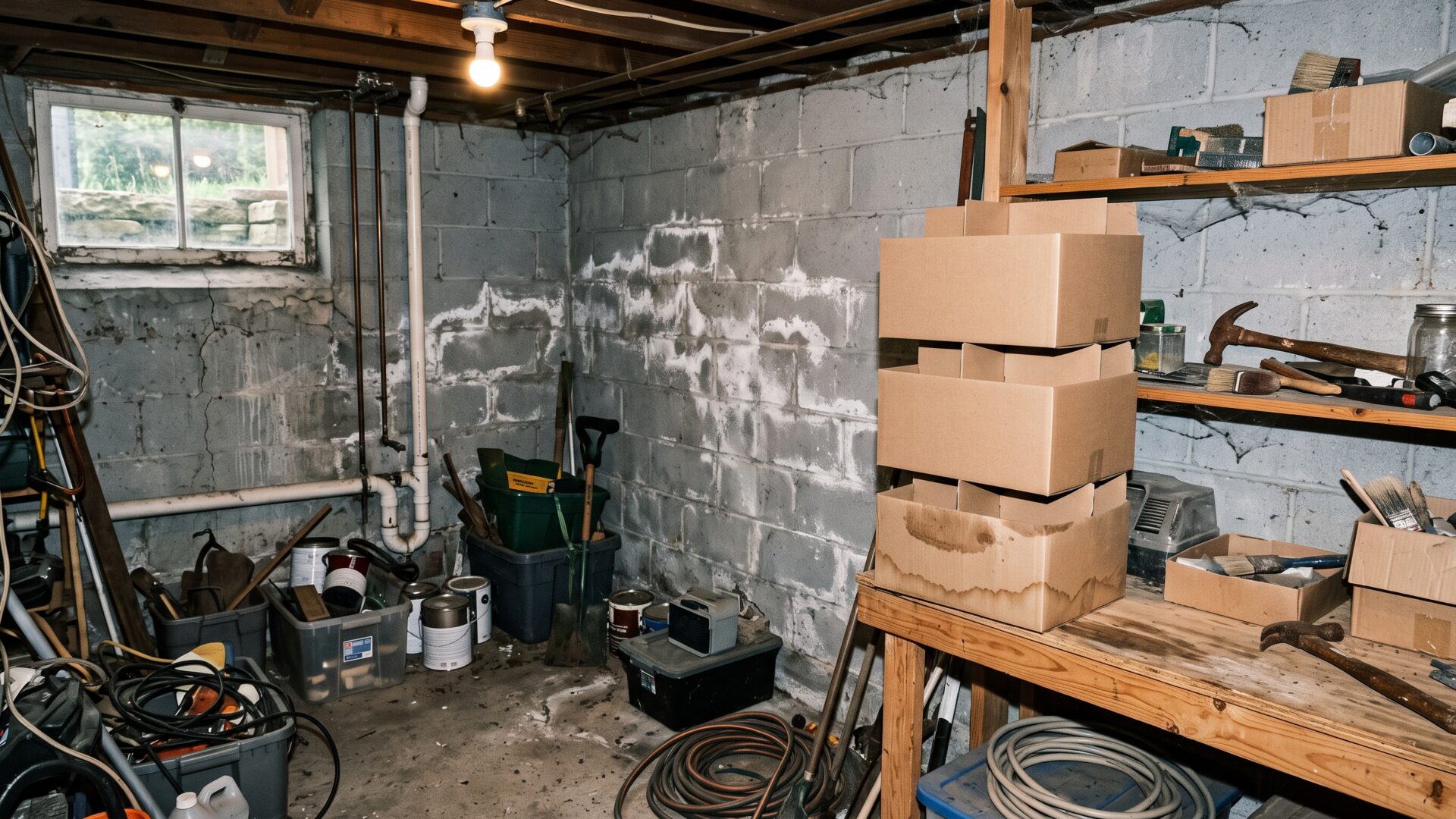 Bulb cartons stored on a damp basement shelf, the storage failure slide 6 warns about.