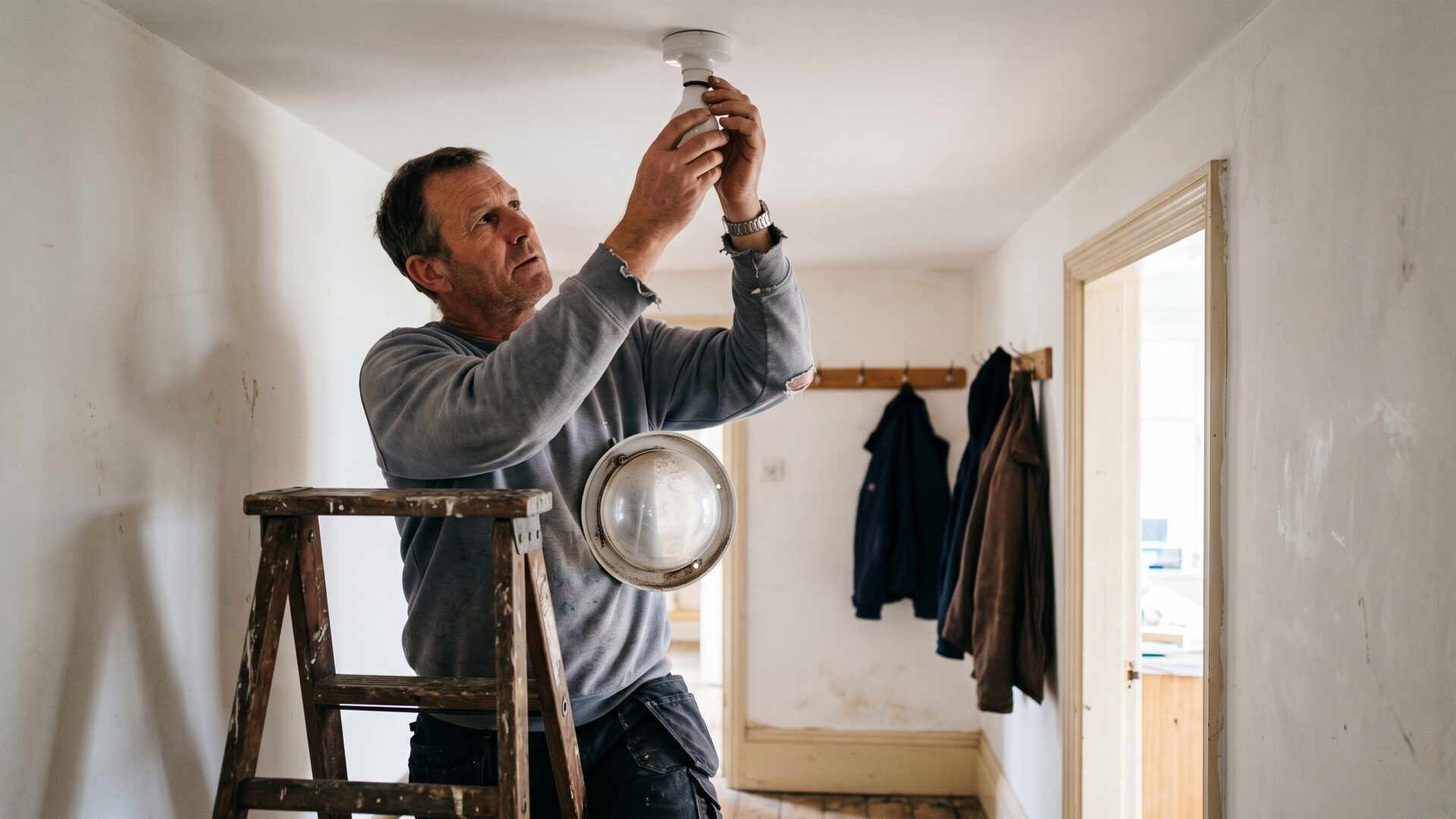 Hands fitting a bulb into an enclosed dome fixture, the heat-trapping installation slide 7 identifies.