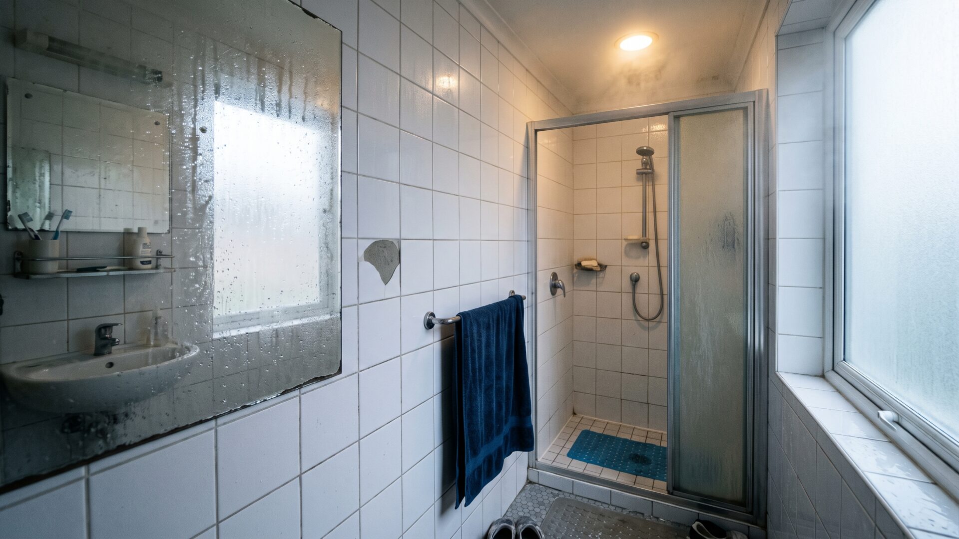 A shower-area ceiling fixture photographed in a steamed bathroom, the damp-versus-wet mismatch slide 8 describes.