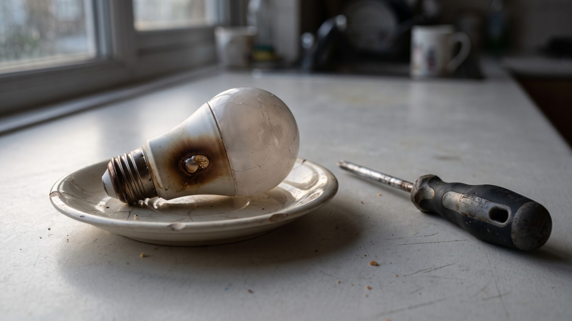A heat-stained bulb base pulled from a ceiling fixture, the damage signs slide 10 says to watch for.