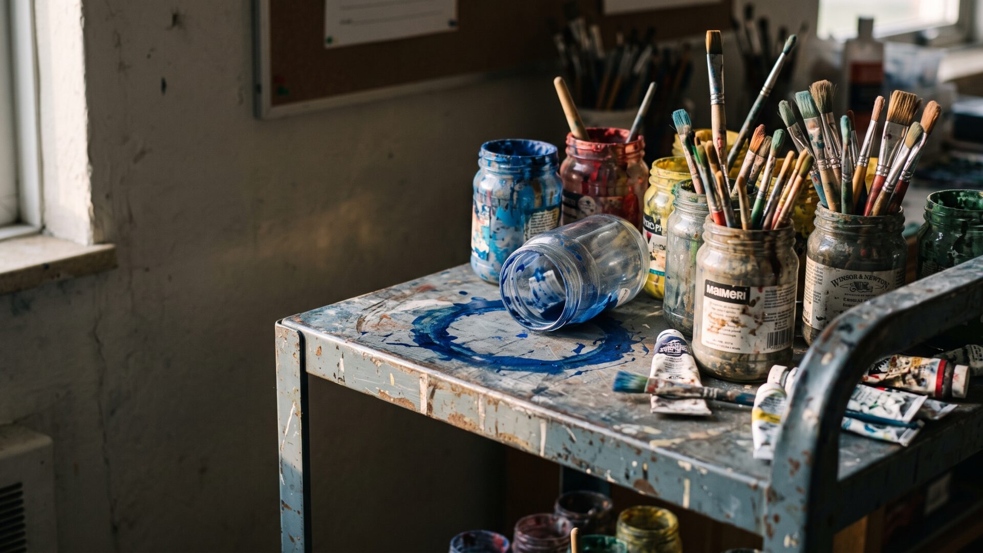 A worn school art room cart mid-afternoon, standing in for the teaching job that anchors Vaughn's three-job week without depicting her.