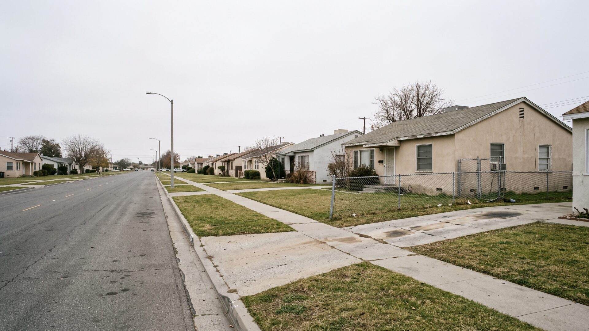 An empty residential street of modest single-family homes, the purchase Bhavsar shelved when rates did not fall.