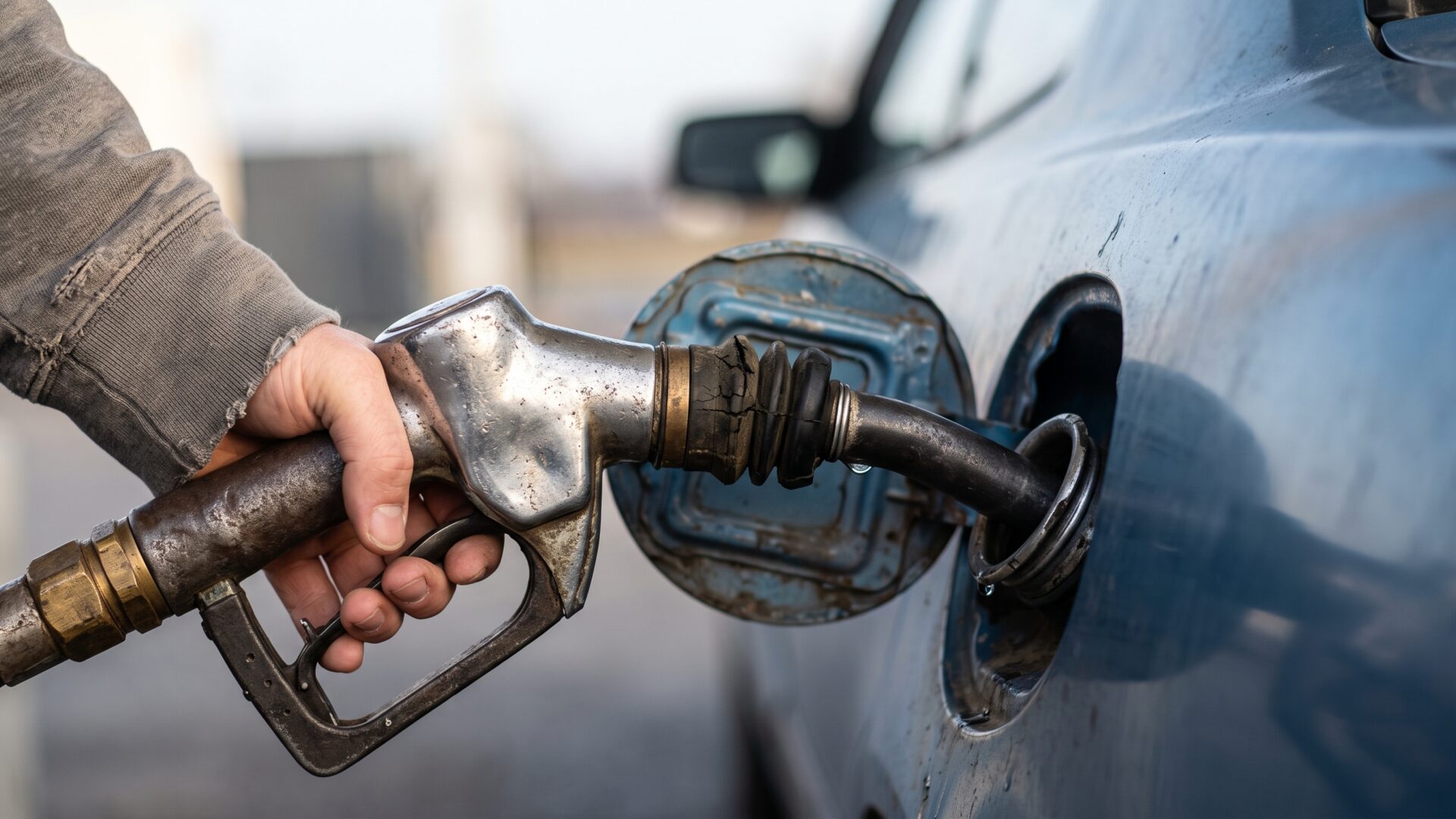 A fuel nozzle in a tank during a fill, the gasoline and diesel cost pressure described on this slide.
