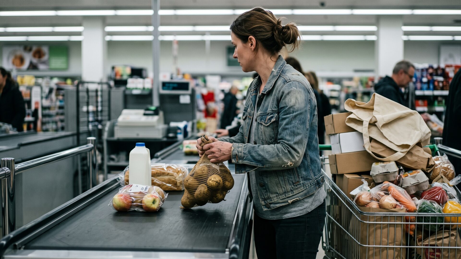 A loaded grocery cart at a checkout belt, the doubled monthly bill the Greens described.