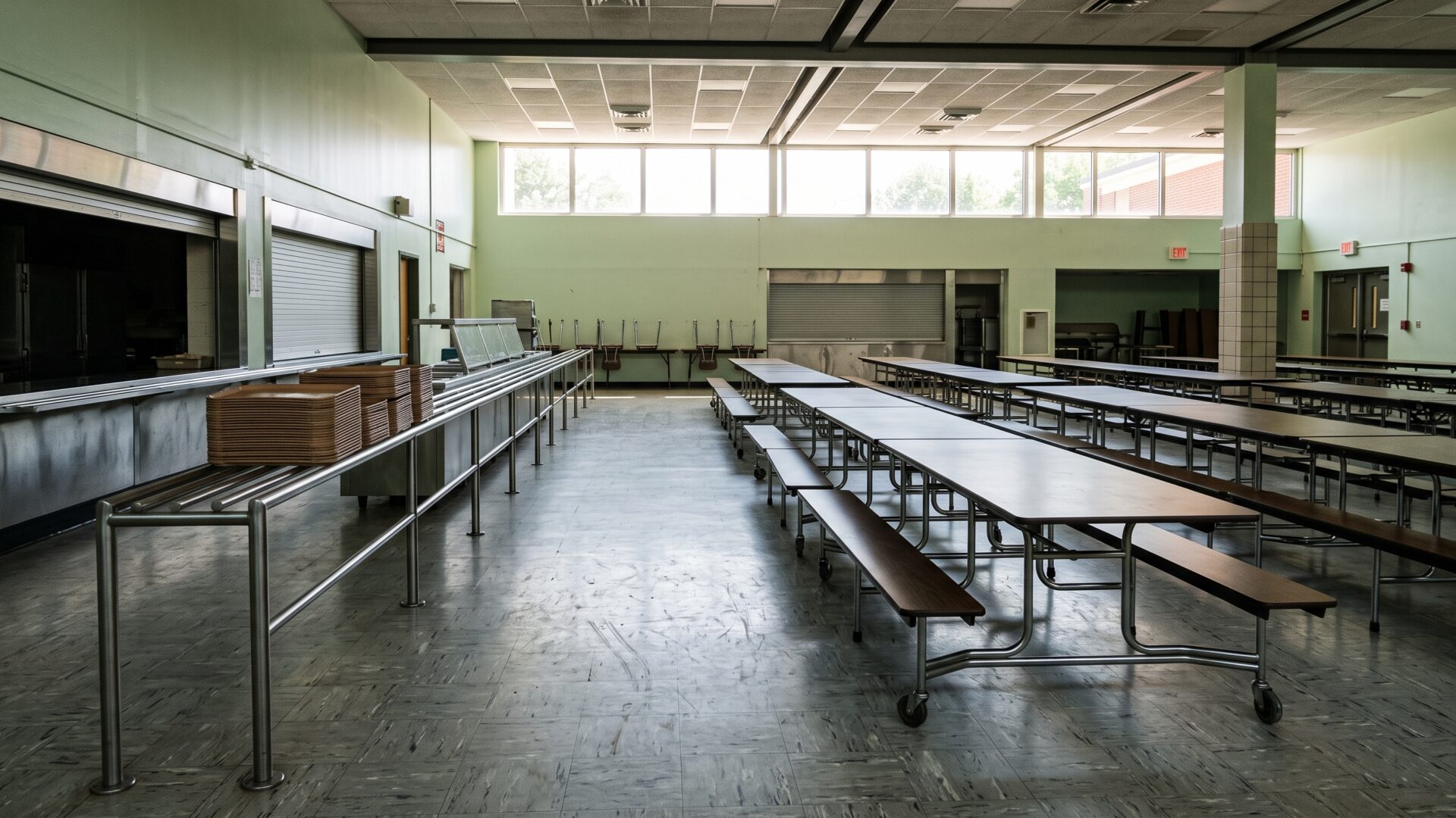 An empty school cafeteria mid-morning, the meal program Vaughn switched her son onto.