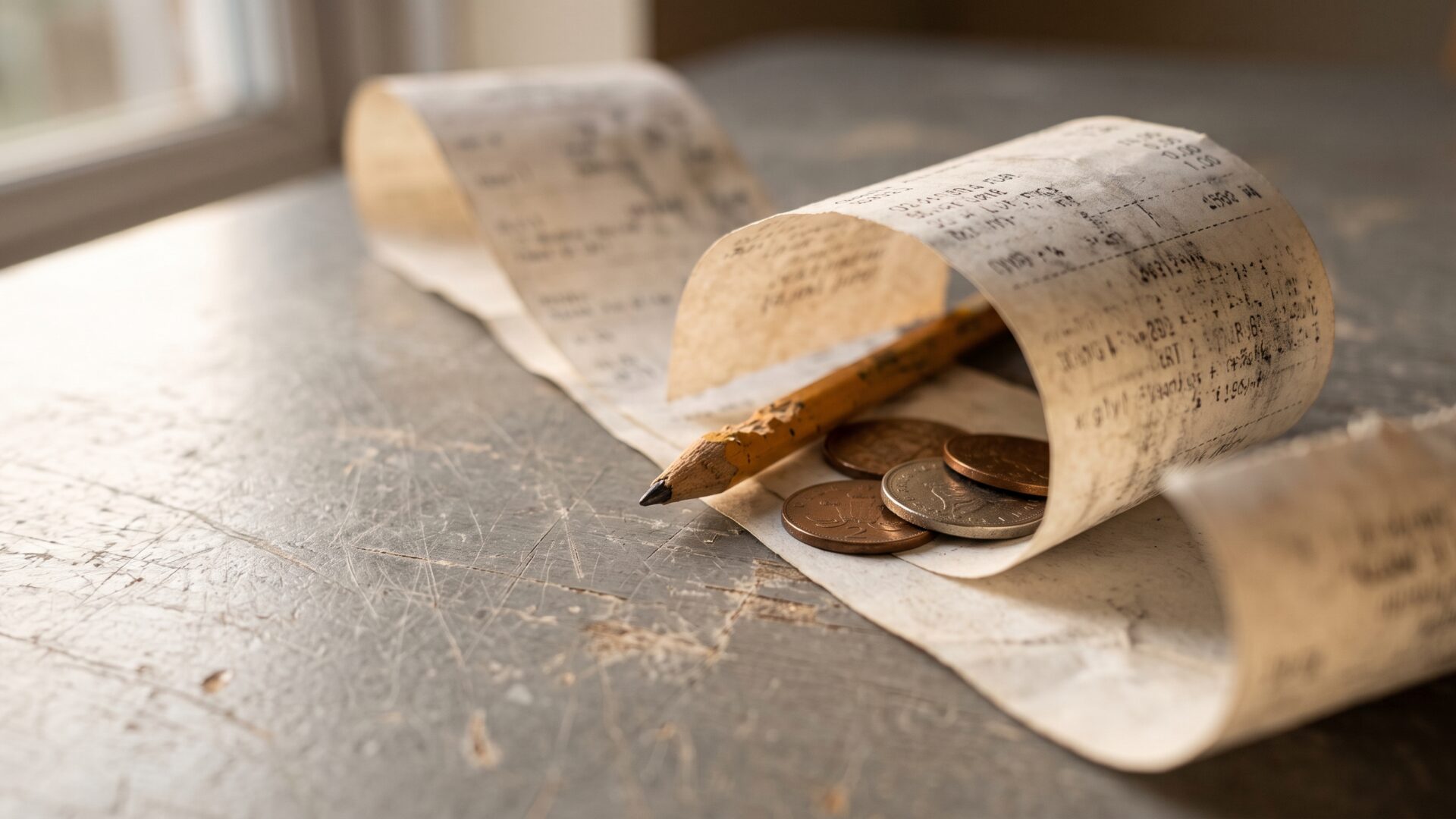 A paper receipt and loose coins on a kitchen table, the individual record this slide contrasts with the national average.