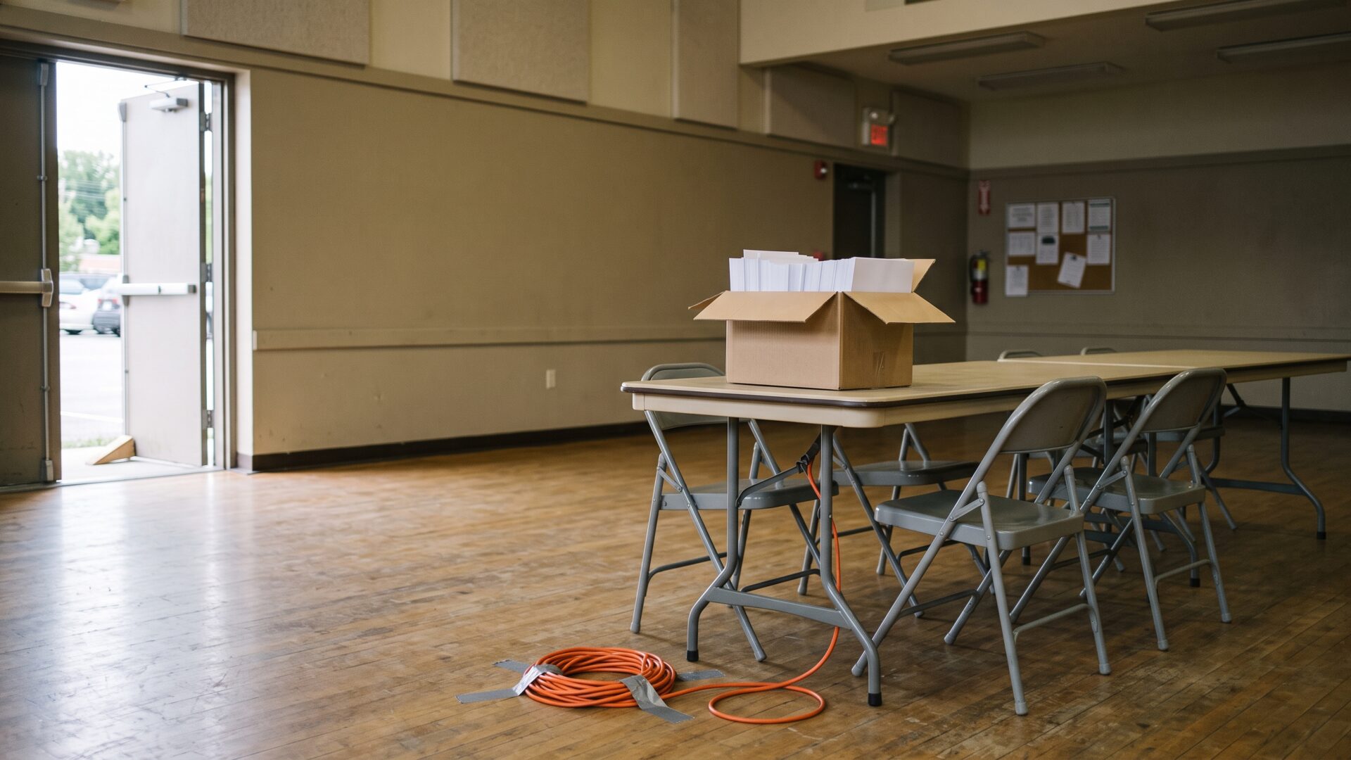 A folding table and chairs set up in a municipal hall, the November midterm vote Bhavsar tied to fuel prices.