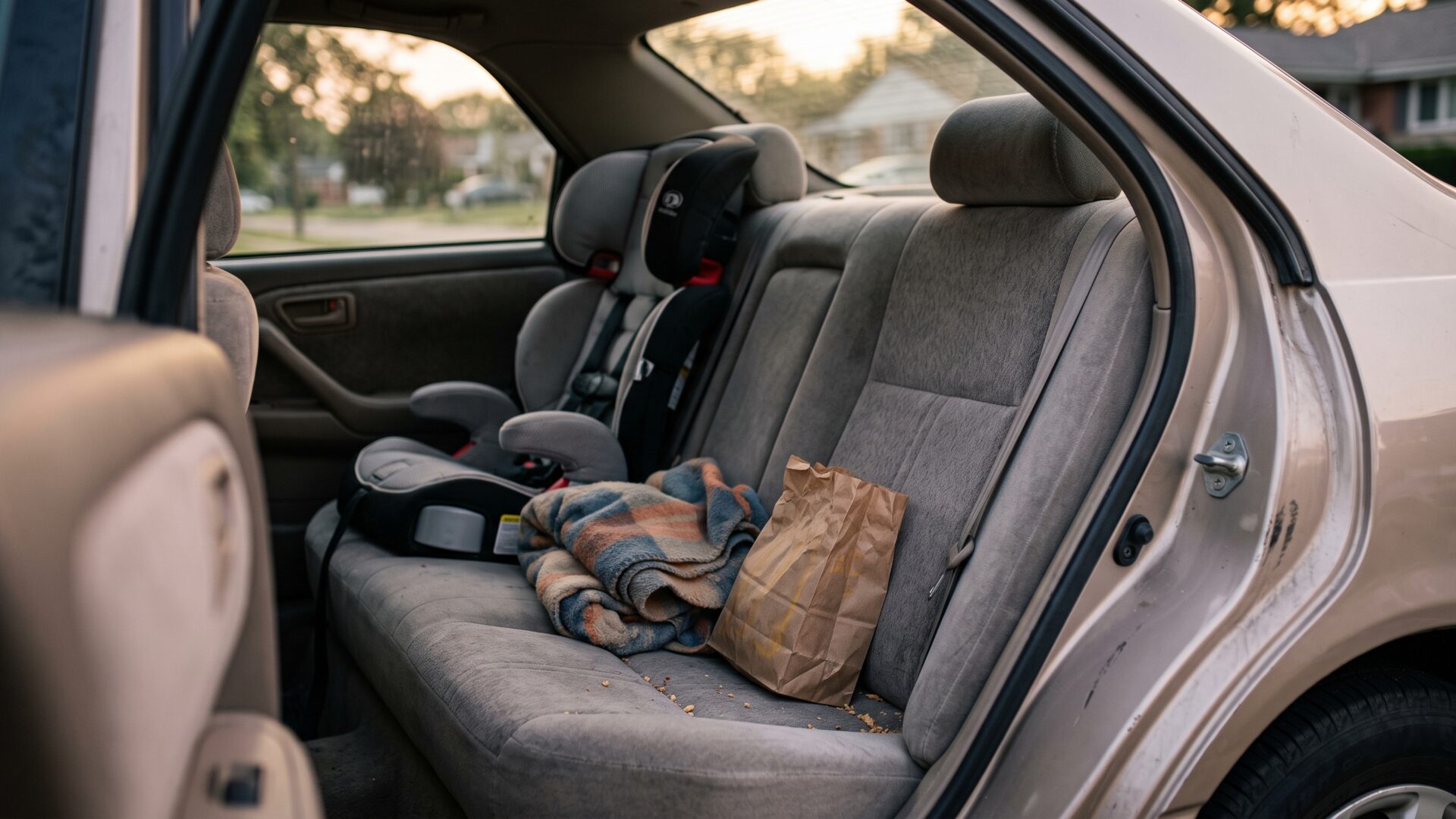 A loaded car interior in a driveway, the family road trip to Florida that Vaughn canceled over fuel costs.