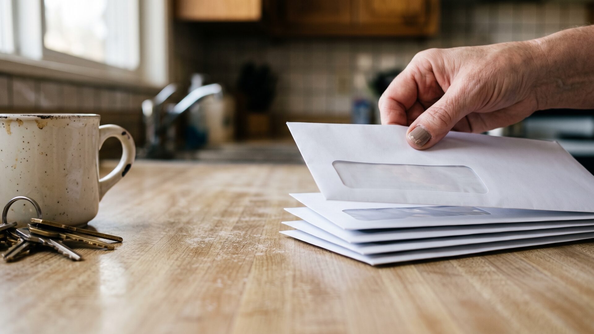 A hand sorting unopened official mail on a kitchen counter, the physical form tax correspondence takes before any relief question begins.