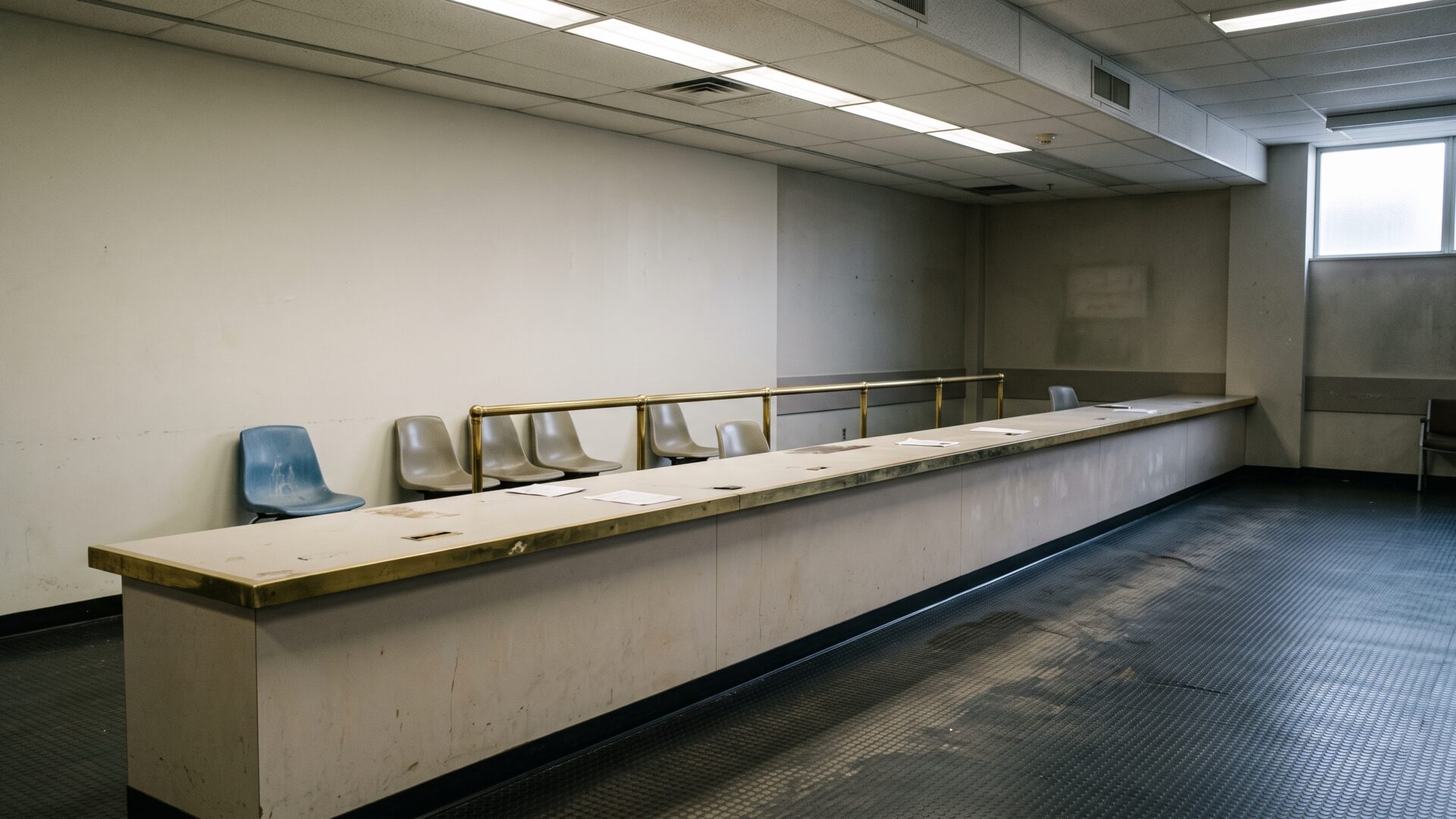 An empty payment-window counter, representing the collections and payment apparatus that relief programs are meant to keep a taxpayer away from.