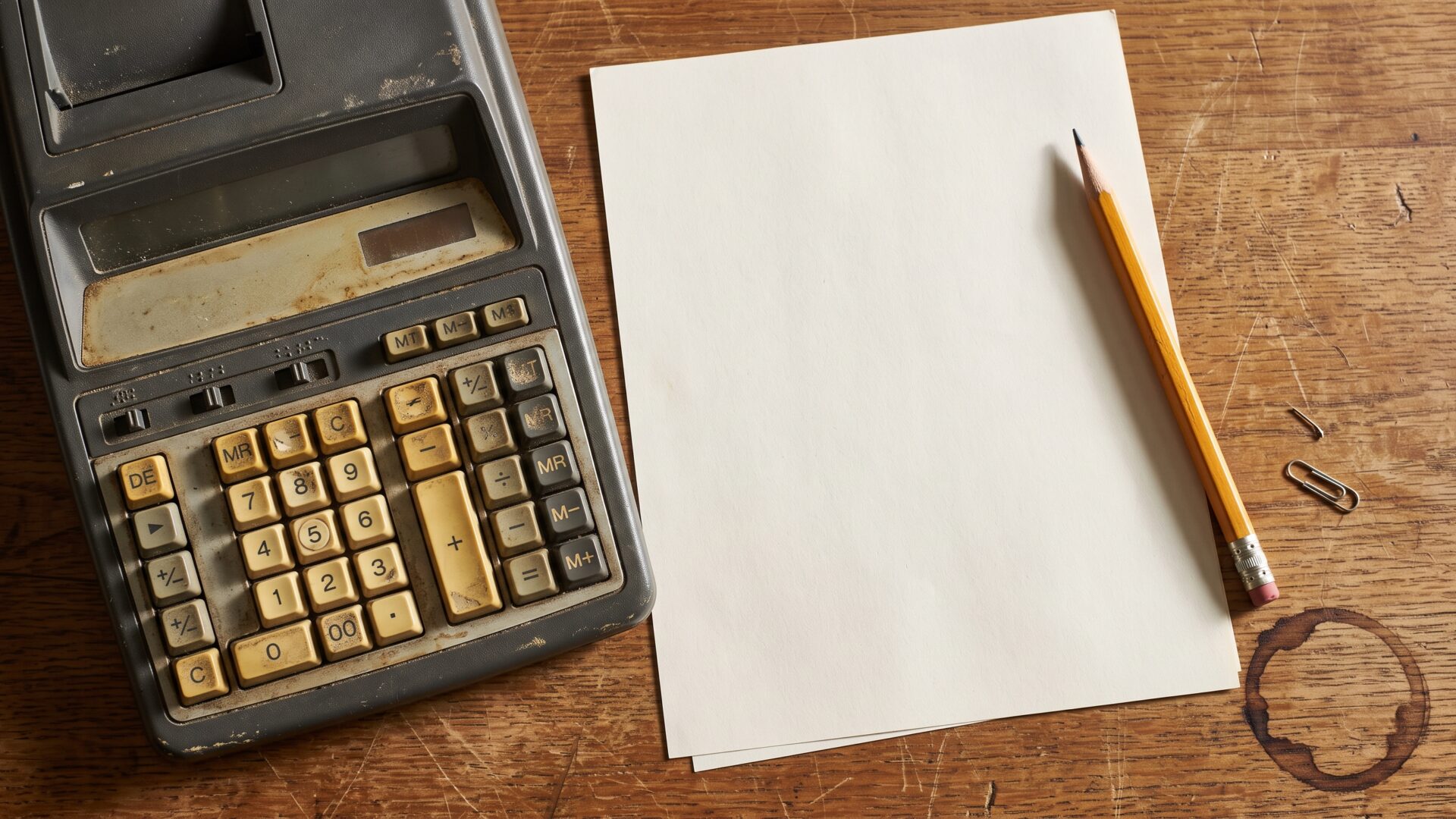 A still life of a calculator and pencil beside a blank worksheet, standing in for the arithmetic difference between a credit and a deduction.