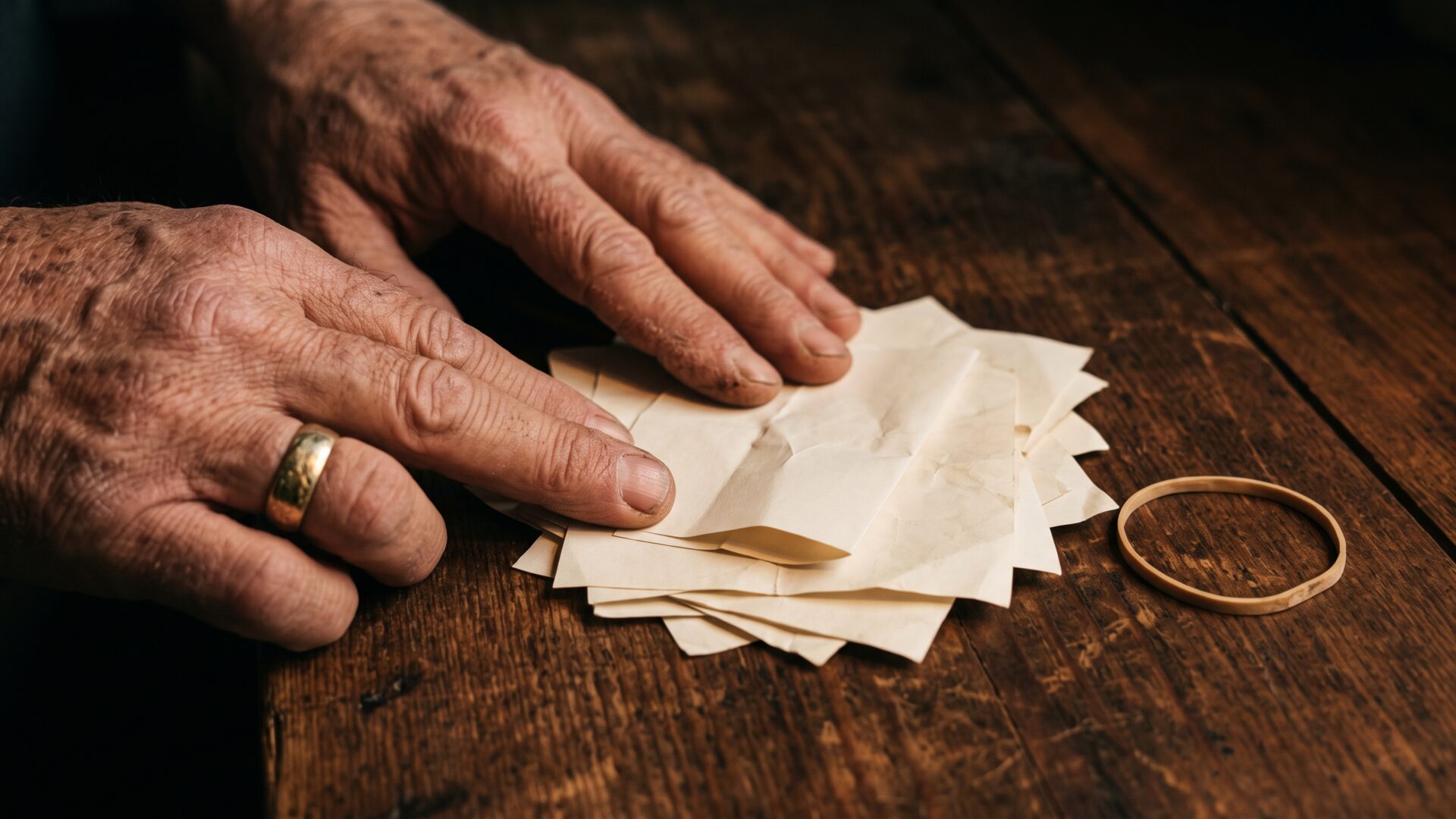 Hands pressing receipts flat on a table, the manual record-keeping that itemizing requires and the standard deduction does not.