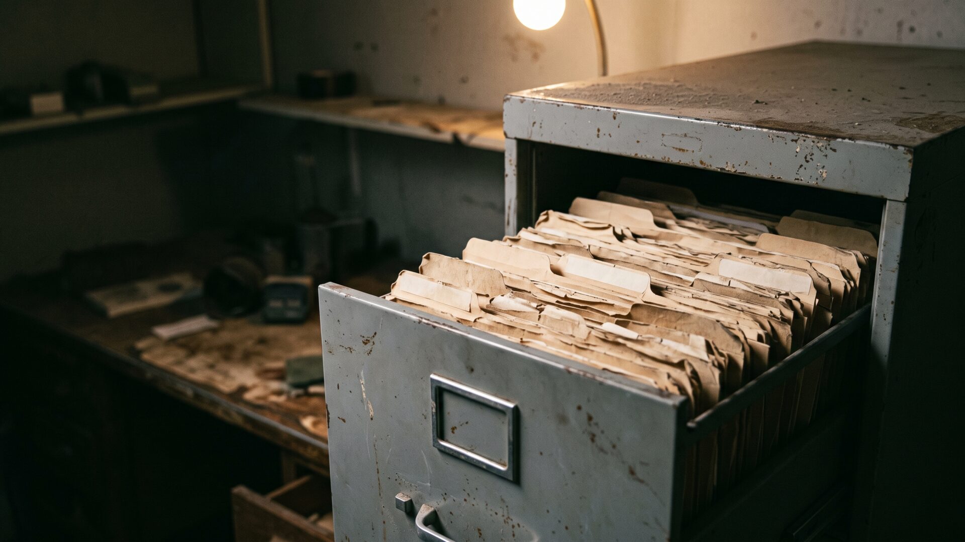 An open filing drawer of unlabeled folders, the three-year compliance record that first-time abatement turns on.