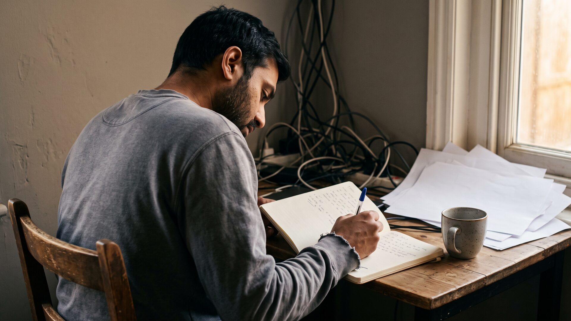 A freelancer's home workspace mid-task, the quarterly record-keeping that estimated tax penalties come down to.