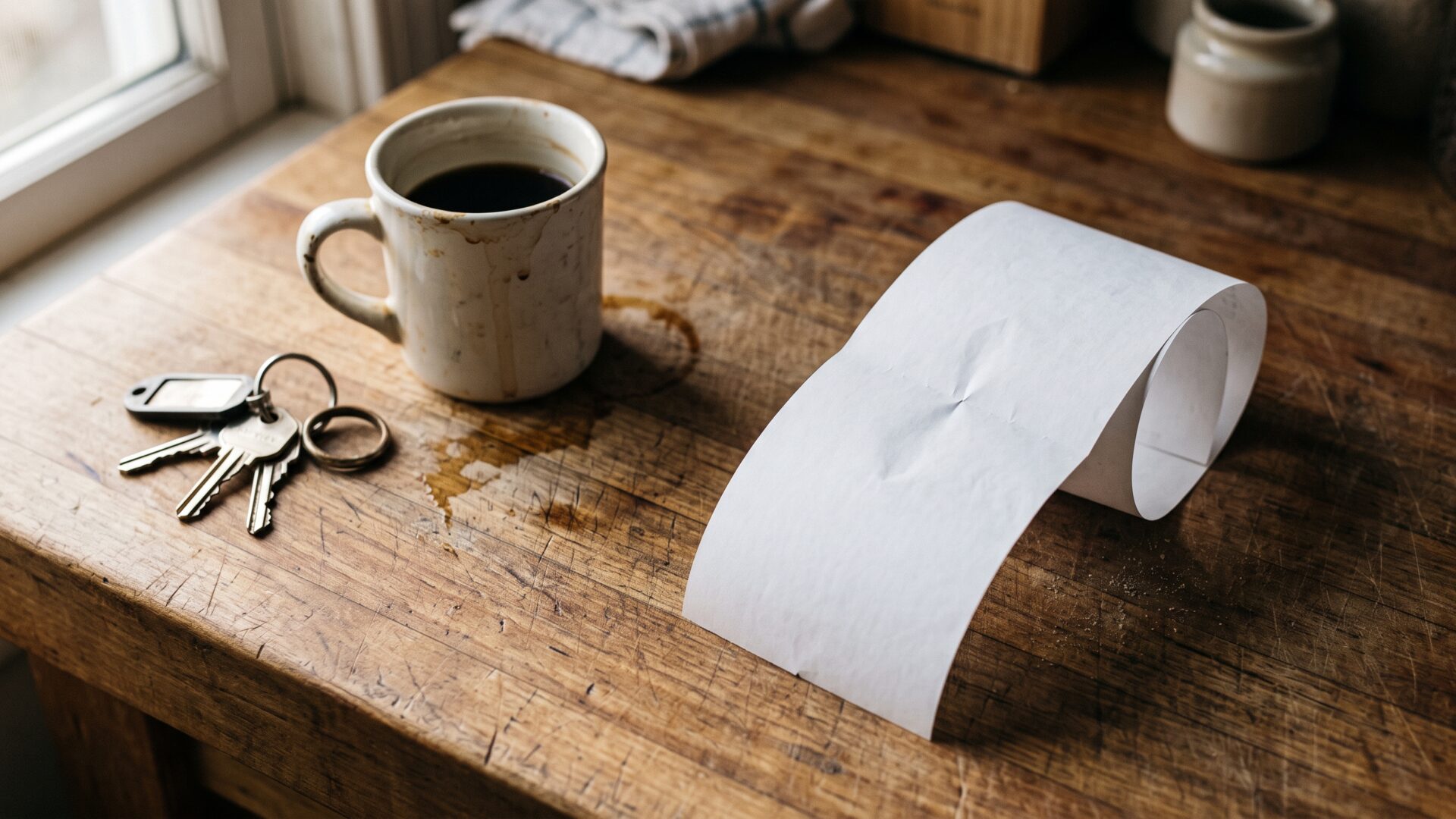 A paper receipt curling on a kitchen counter, the ordinary artifact behind the poll finding that nine in 10 Americans rank prices first.
