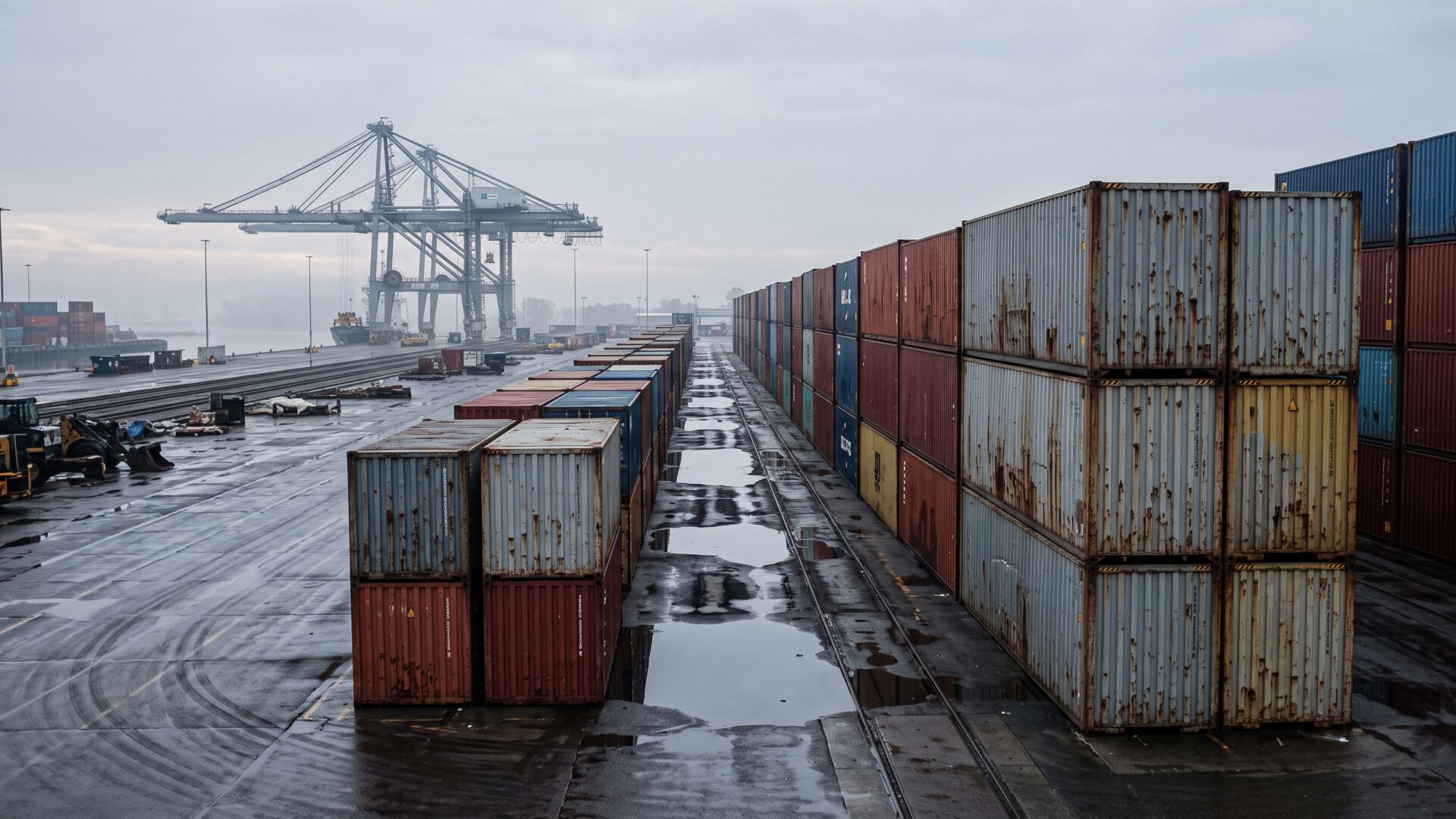 Stacked shipping containers at a working port, the physical form of the tariff regime the New York Fed measured.